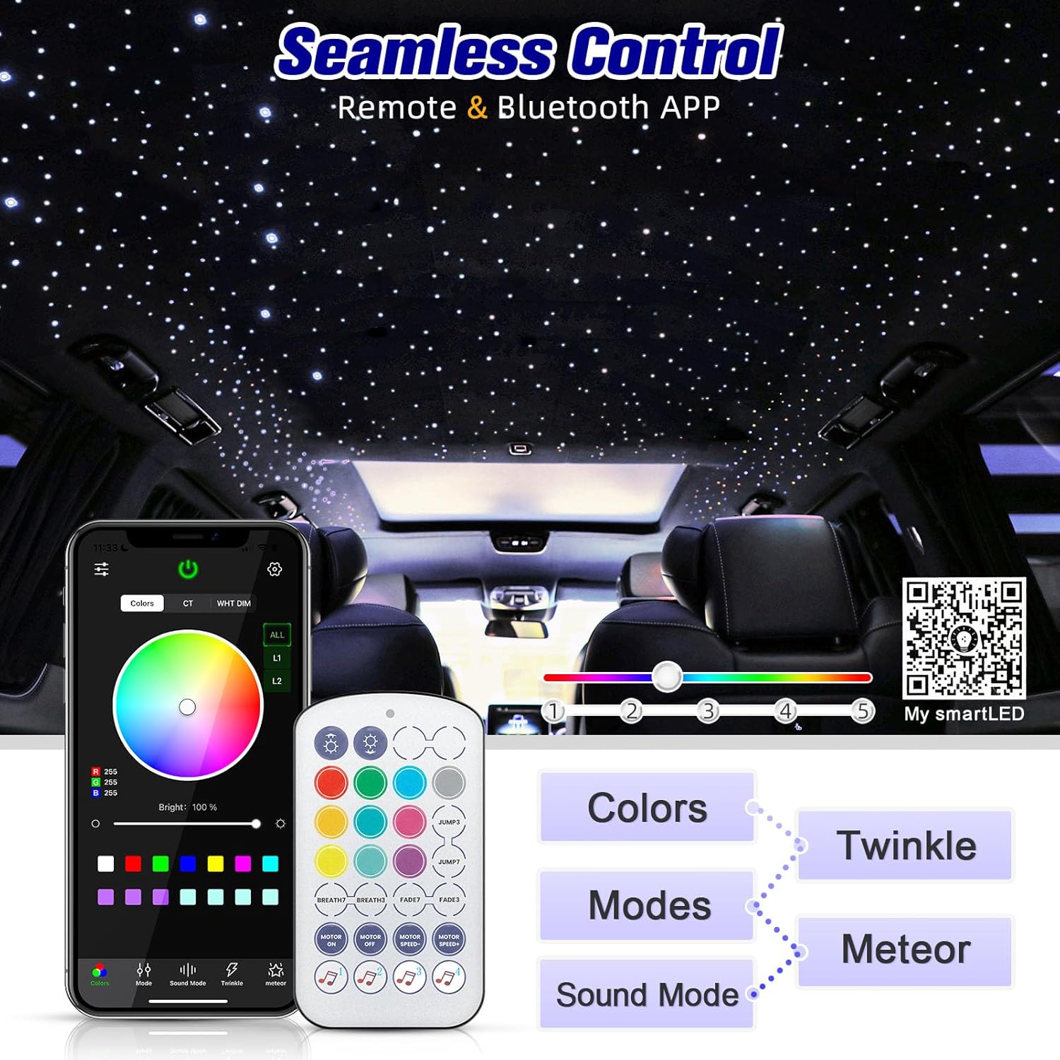 6W Mini Size Twinkle 450pcs of (0.03+0.04+0.06in)*9.8ft Starlight Headliner Kit, Star Lights for Car with Bluetooth APP/Remote Control/Music Effect, RGBW Fiber Optic Lights for Home Ceiling