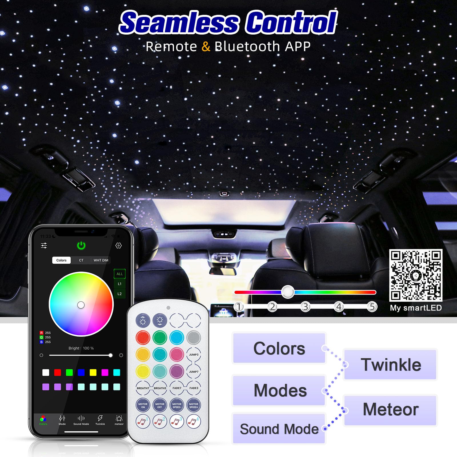 6W Twinkle RGBW Fibra Ottica, 400pcs*0.75mm*3m Cielo Stellato LED Con APP Bluetooth/Remote/Controllo Musica, Fibra Ottica Cielo Stellato per Auto/Casa/Teatro
