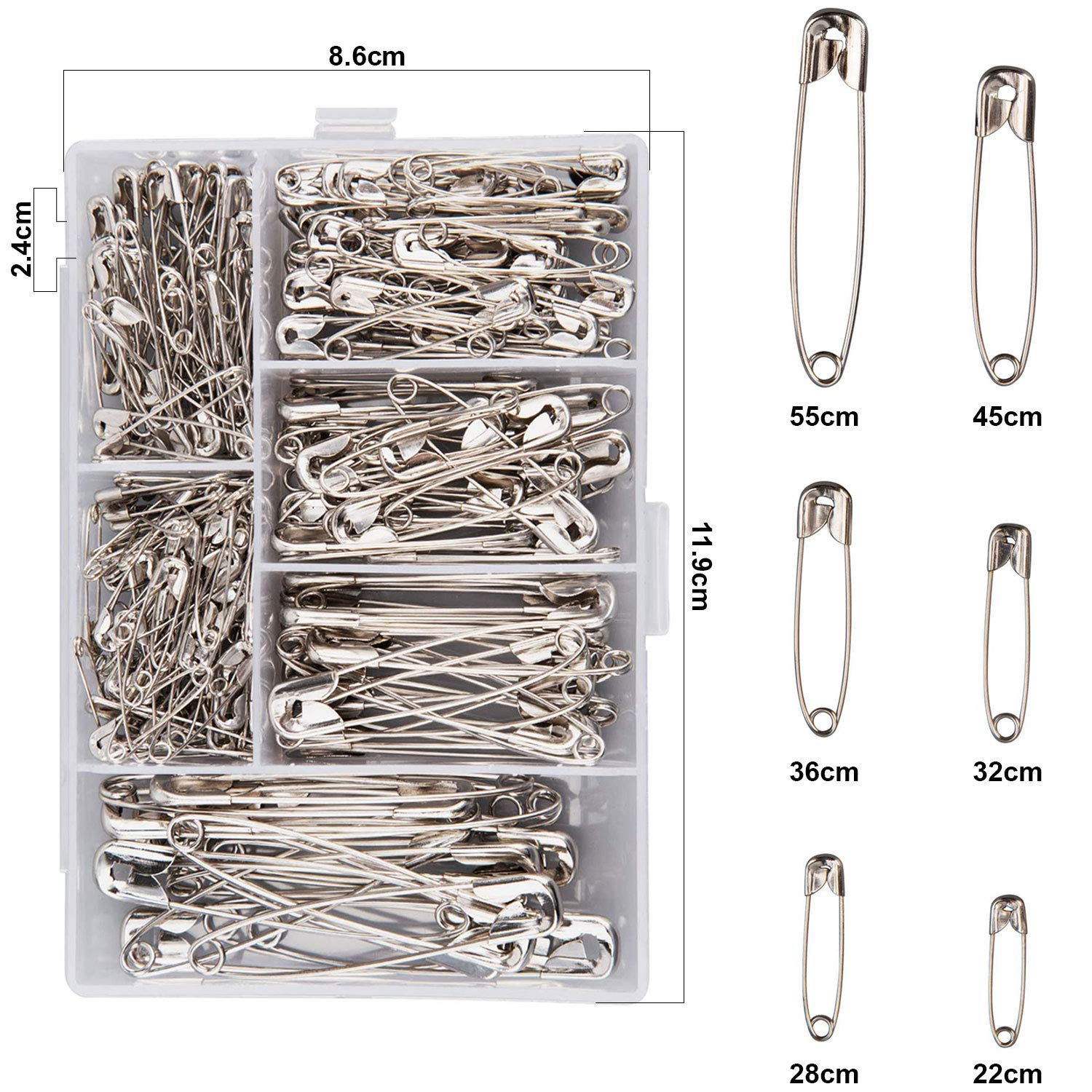 WedDecor 250 Pieces 6 Sizes Large Small Safety Pins Box Stainless Steel Pin Kit Assorted 55mm, 45mm, 36mm, 32mm, 28mm & 22mm for Securing Clothing DIY Jewelry Making Pinning Hemming Dressmaking Sewing
