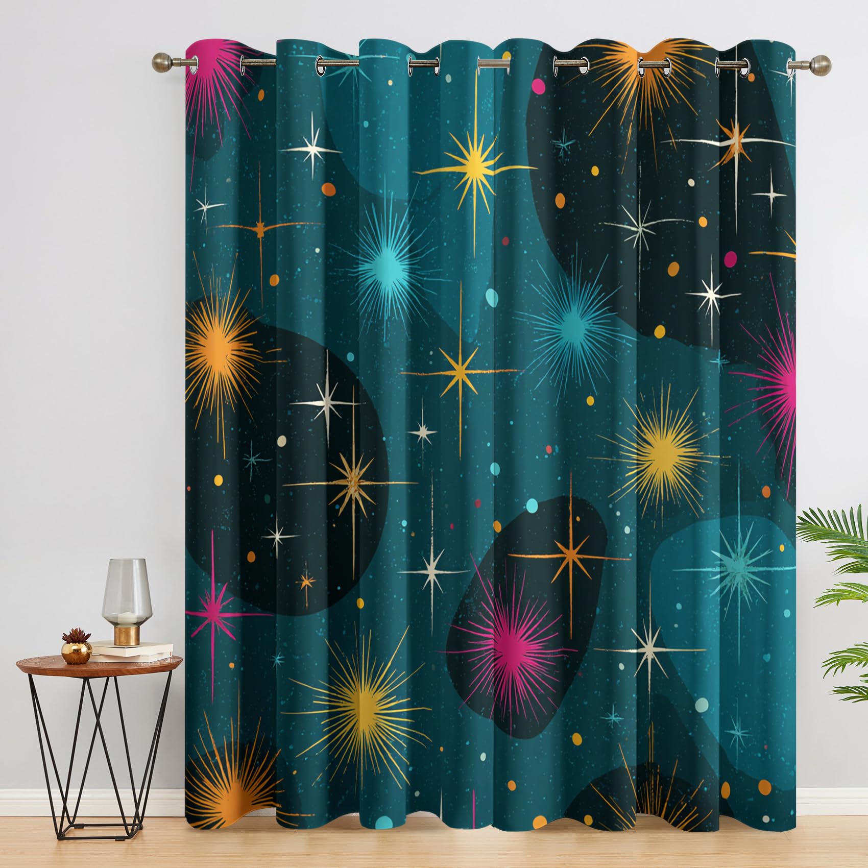 Rideau étoile Occultant Motif Mid Century Retro Rideaux Chambre Salon Cuisine 140 x 220 cm, Oeillets Rail Rideaux Occultants Thermique