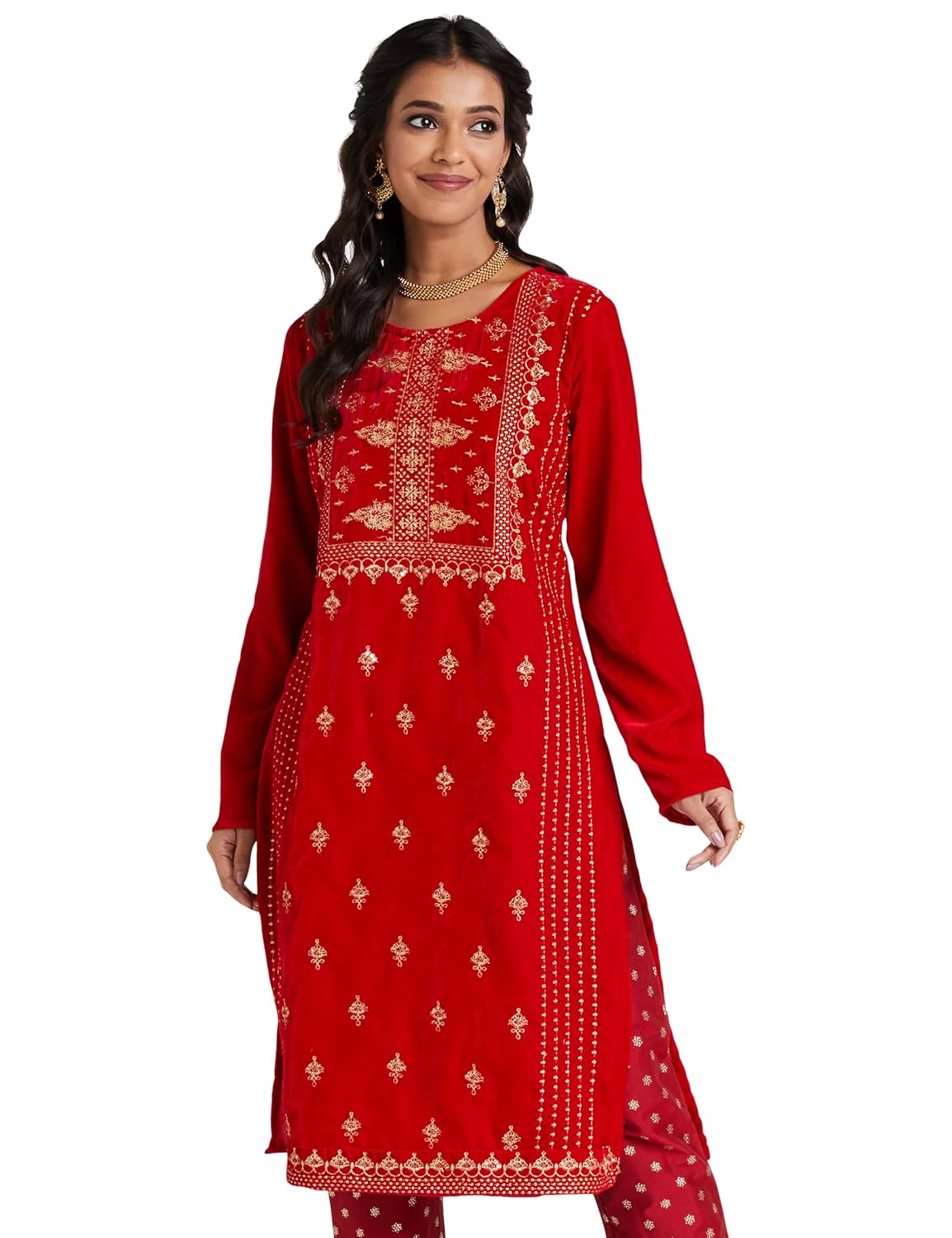 Amazon Brand – Myx Women’s Festive Embroidered Velvet Kurta (Available in Plus Sizes)