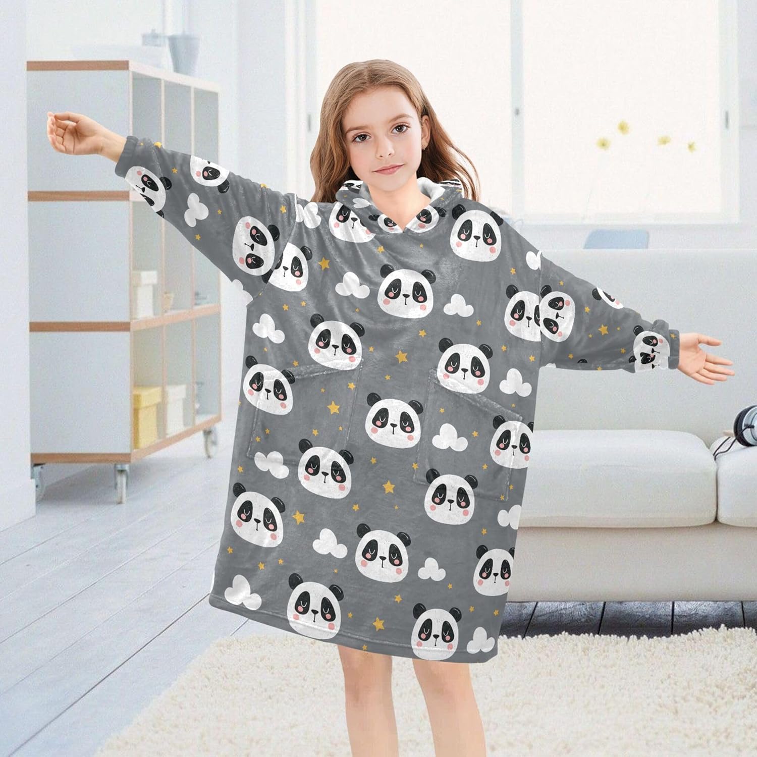 Cute Panda Kids Wearable Blanket Hoodie with Pocket and Sleeves for Toddlers, Cute Hoodies Girls Boys B0404175