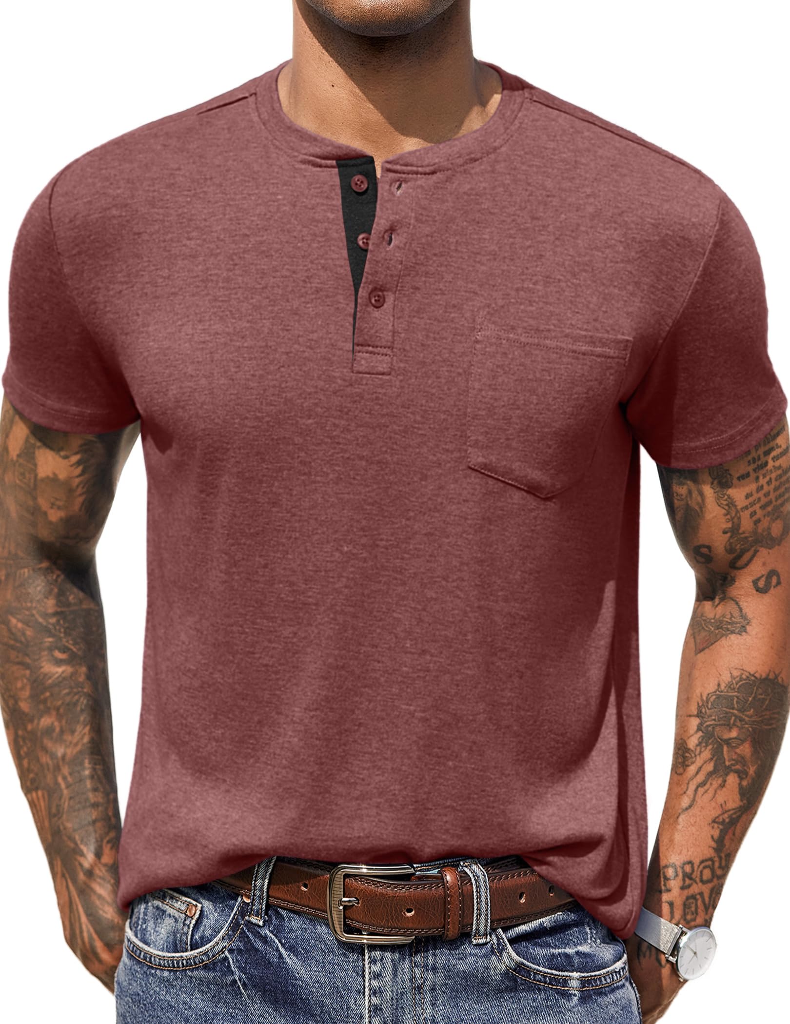 COOFANDY Men Casual Henley Shirt Short Sleeve Summer Basic T Shirt Pocket Soild Button Tee Top