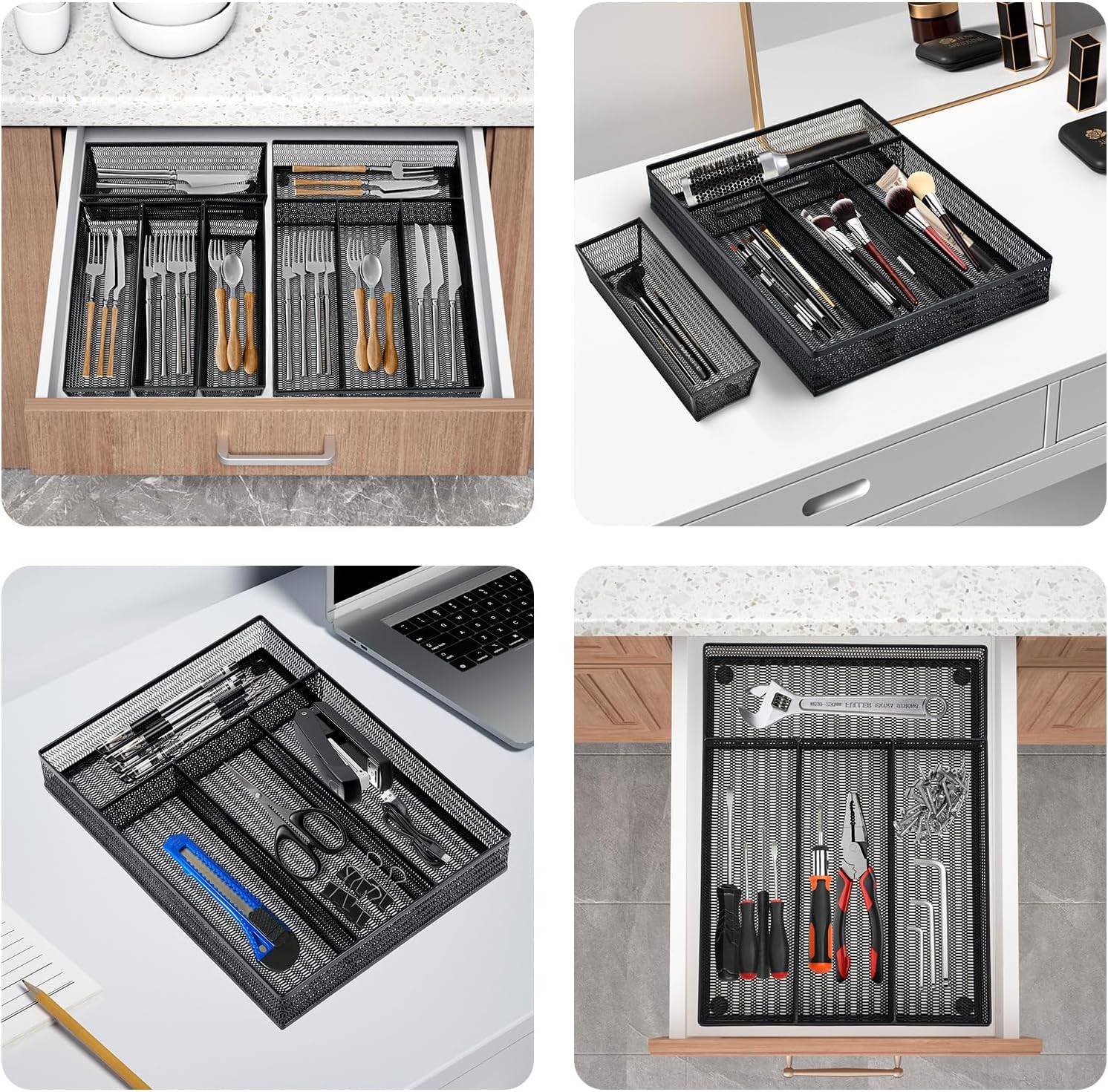 Neudeco Drawer Organizer Set 5 Pack - 4-Compartment Silverware Organizer Tray + 4 Utensil Trays, Kitchen Drawer Organizer for Flatware, Cutlery, Office Supplies, Black Mesh, Non-Slip.