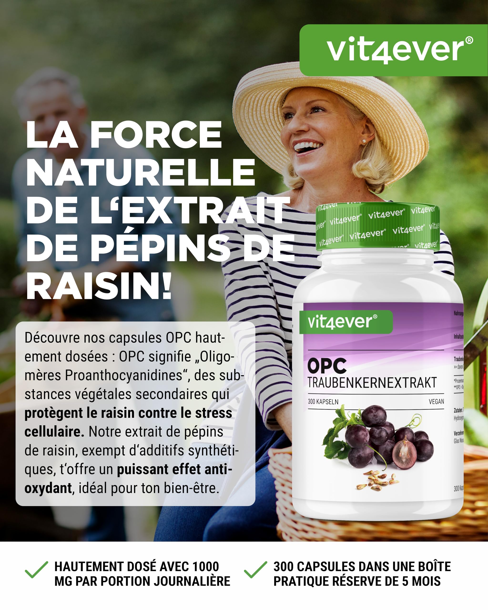 vit4ever OPC Extrait de Pépins de Raisin – 300 capsules – 1000 mg d’Extrait avec 700 mg d’OPC – Teneur la Plus Élevée selon HPLC – Issu de Raisins Européens – Végane – Hautement Dosé