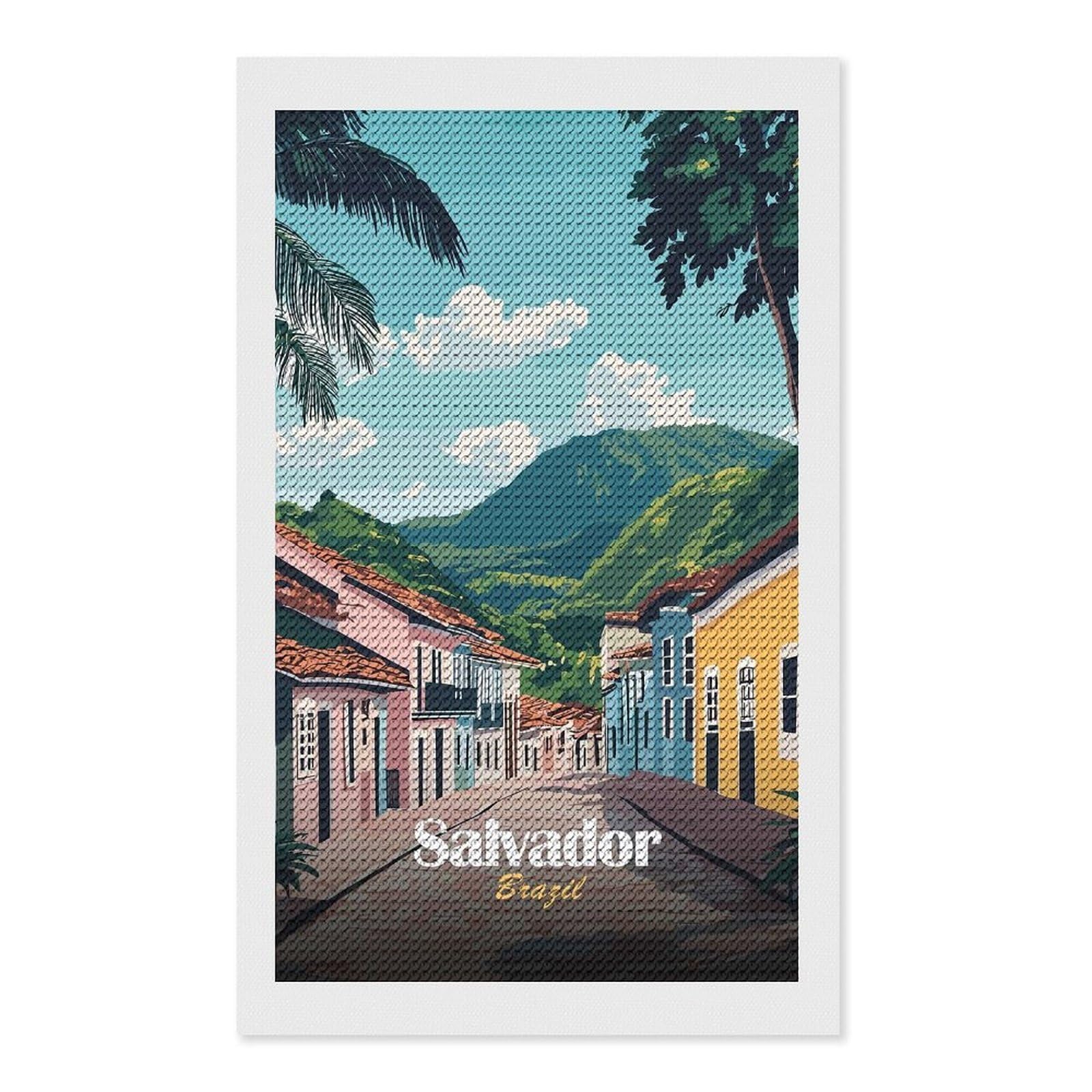 Junmoney Salvador, Brazil Street Scene Diamond Painting Canvas Set 12"x20", Boho Decor, for Craft Lovers, Easy Handmade Project, Holiday Gift Idea