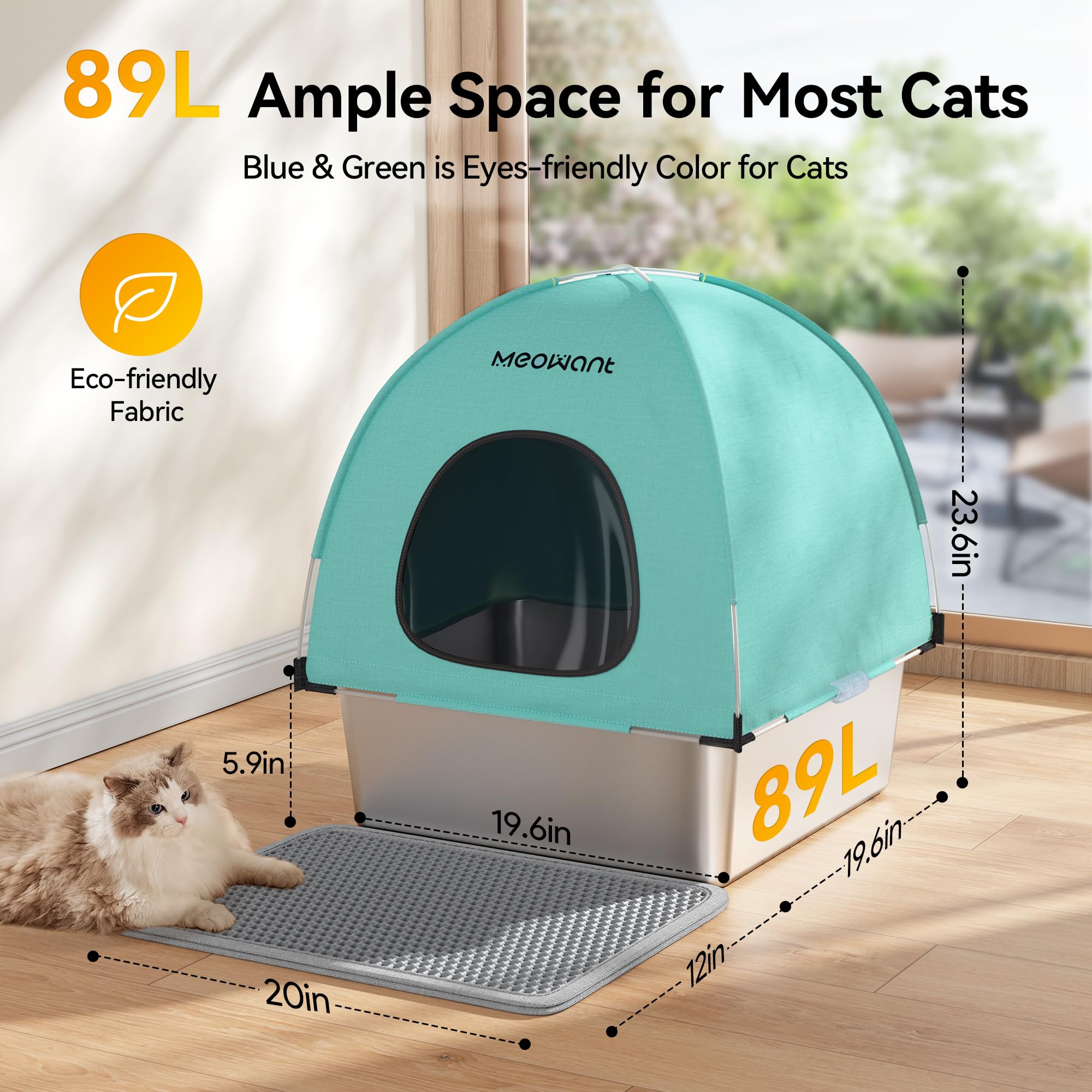 Meowant Lettiera Gatto in Acciaio Inox, Lettiere XXL, Copertura in Tessuto Chiuso, Quadrato Toilette Grande per Gatti di Grossa Taglia, Antiaderente, Prova Perdite, Staccabile e Facile Pulire, Verde