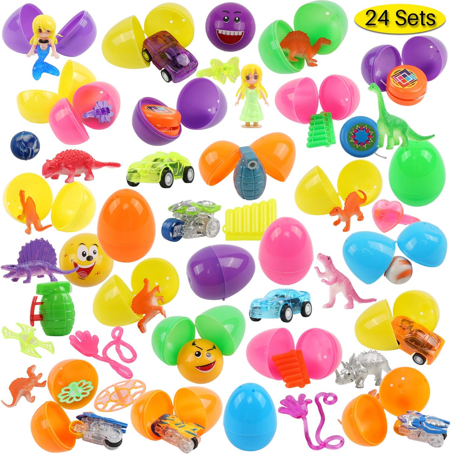 FUNNISM 24 Toys Filled Surprise Eggs, 2.5 Inches Bright Colorful Prefilled Plastic Surprise Eggs with 12 Kinds of Popular Toys