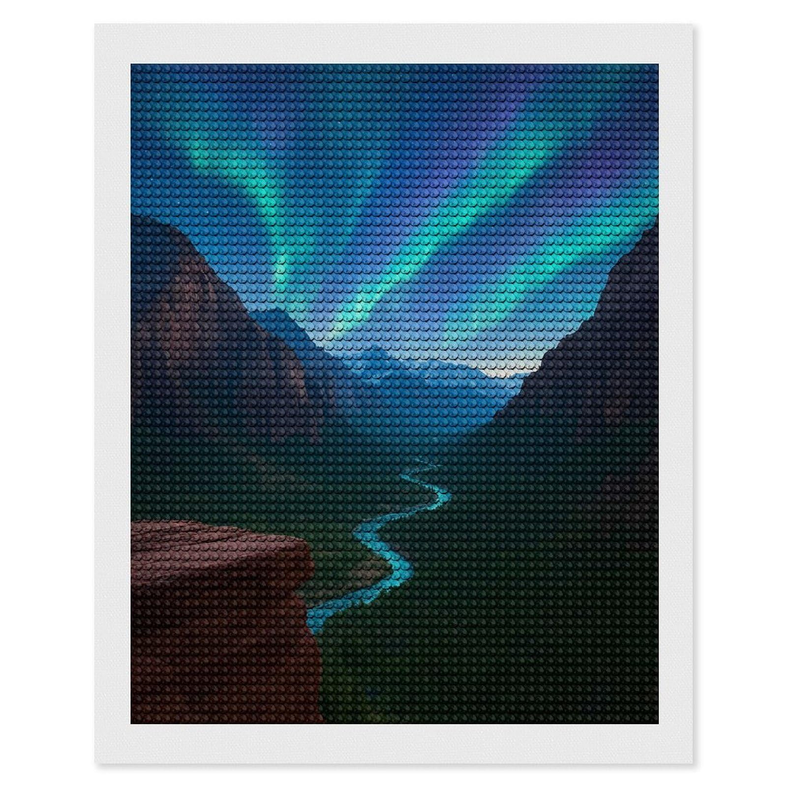 Junmoney Aurora Borealis Over Mountain River Valley Diamond Art Kit 16"x20", Vintage Style Decor, Stress Relief Craft, Decor Project, Relaxing DIY, Creative Hobby