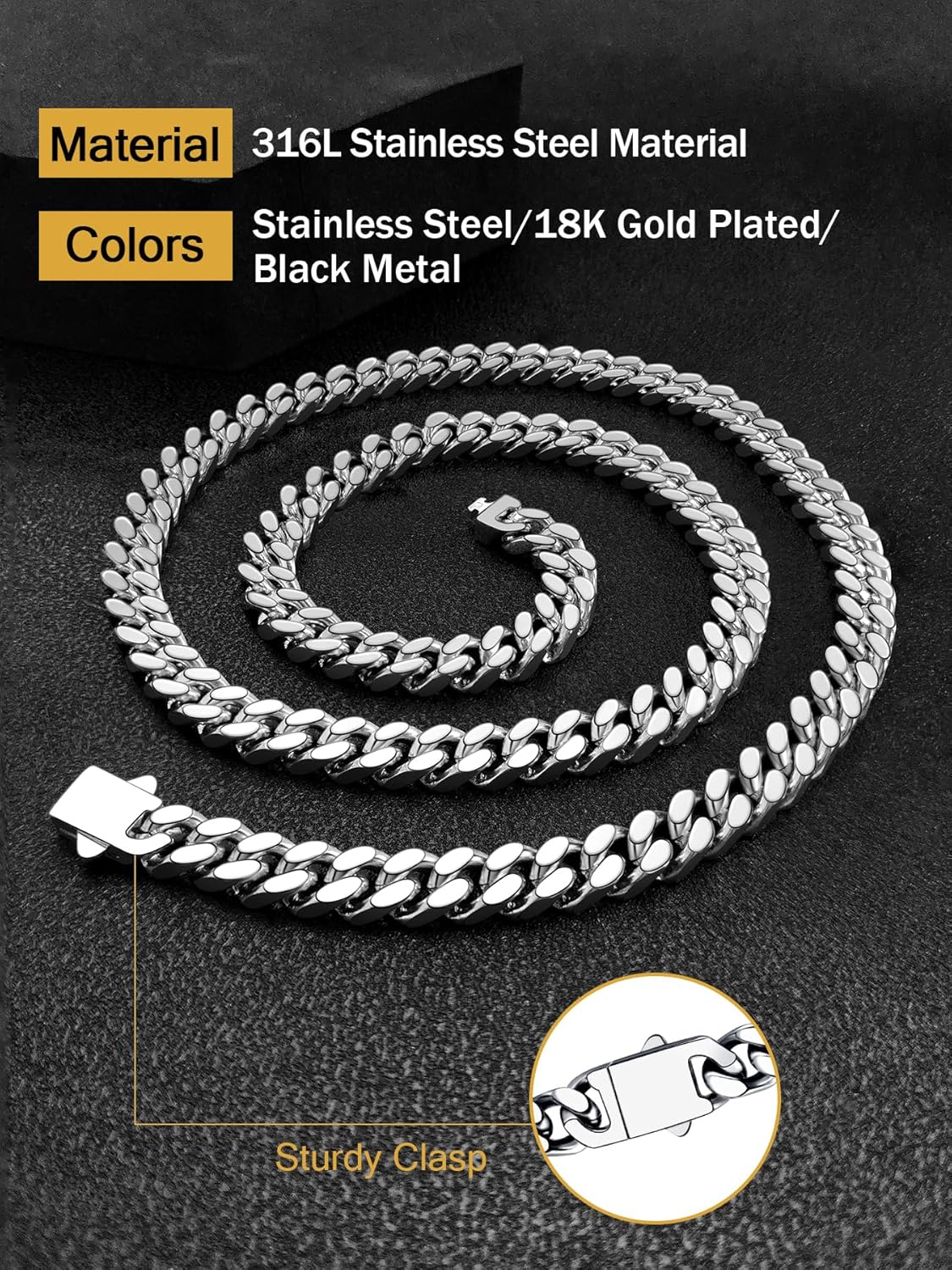 Cuban Chain Stainless Steel Necklace for Men Women, 5/7/9/11MM Width, 18K Gold Plated/Black Metal/316L Stainless Steel Sturdy Curb Link Chain Necklaces, 18-30inch Length - Image 5