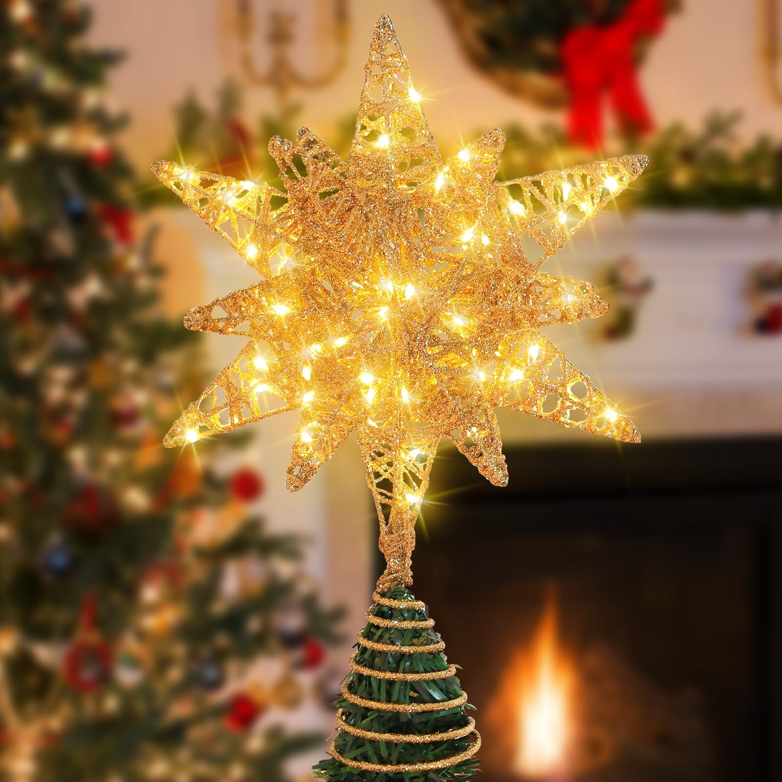 Gold Christmas Tree Topper Star with Warm White 60 LED Lights, Star Tree Topper for Christmas Tree and Xmas Holiday Seasonal Décor, 13.8X 9.5 Inch, Battery Required, Suit for Over 6FT Tree