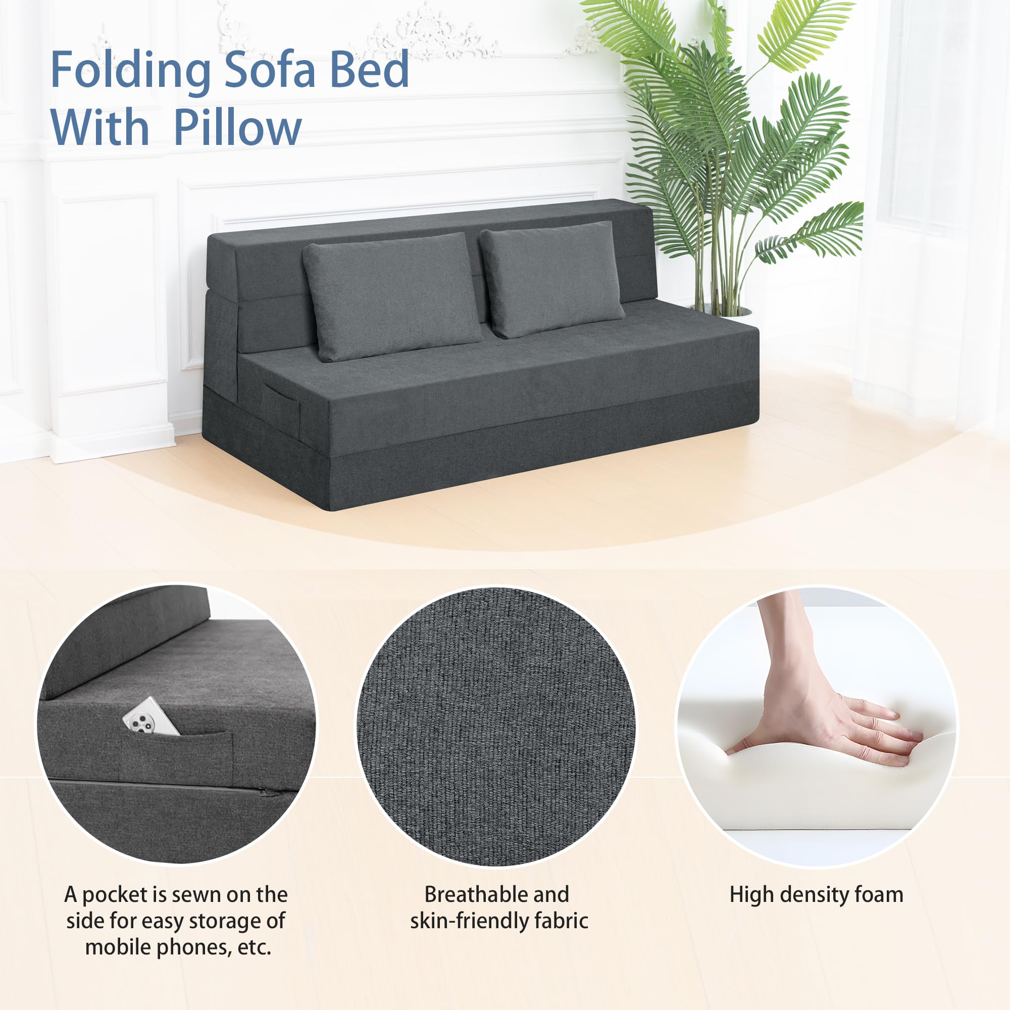 Canapé-lit pliable – Canapé-lit pliable – Matelas de sol avec oreiller pour salon, bureau à domicile (gris, grand lit)