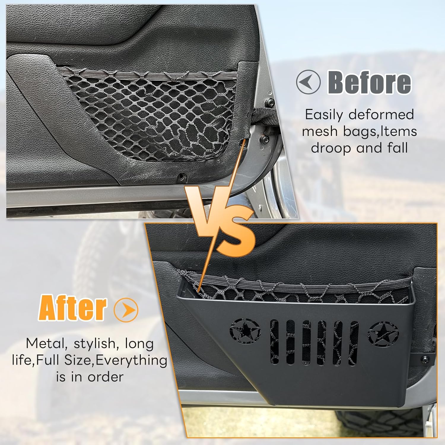 FUNY Metal Front Pocket Storage with Cup Holder Compatible with 2007-2018 Jeep Wrangler JK/JKU, Door Organizer Panel, Matte Black Finish, 2pc