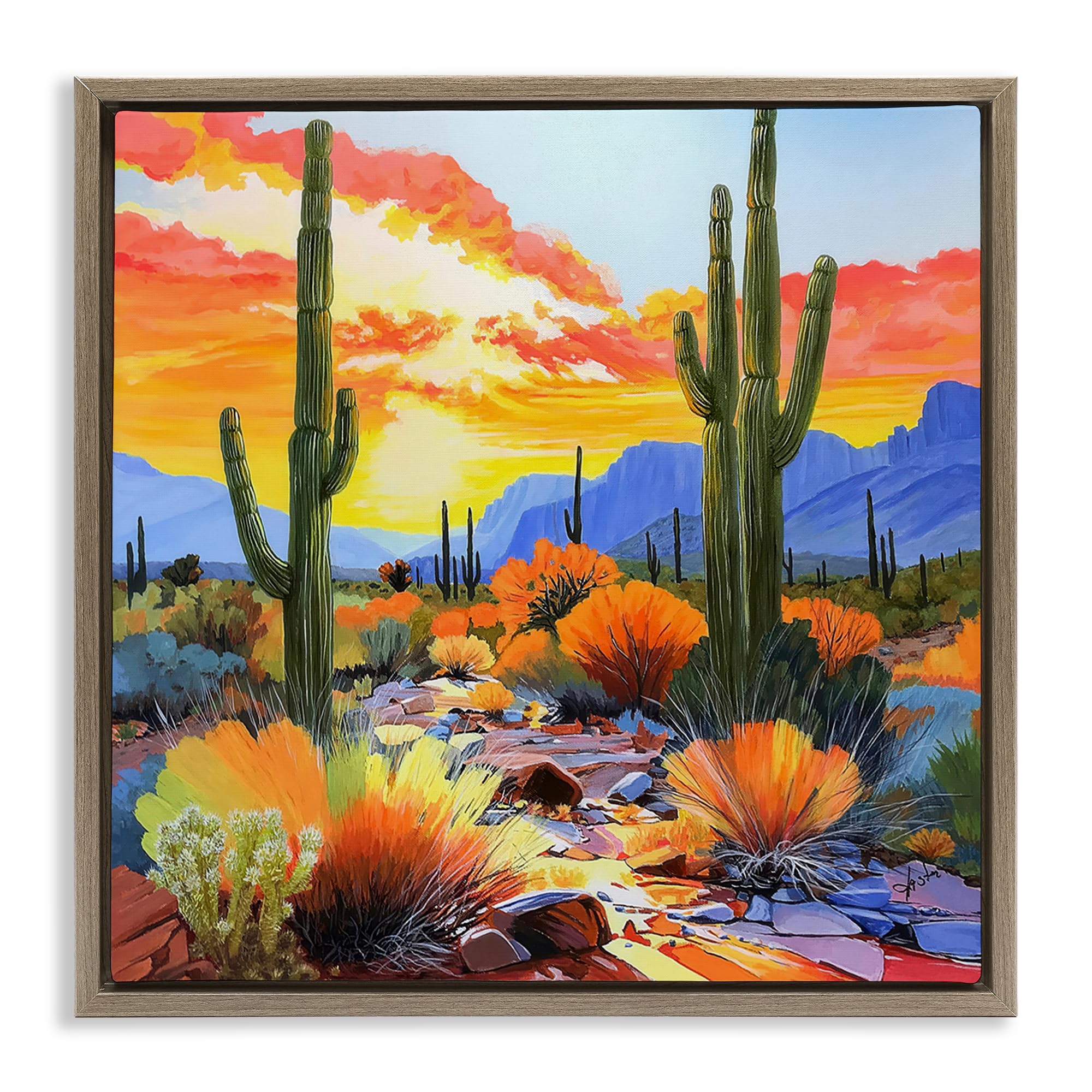 Desert Cactus Sunset Landscape, 17 x 17 Inch Canvas in Floater Frame