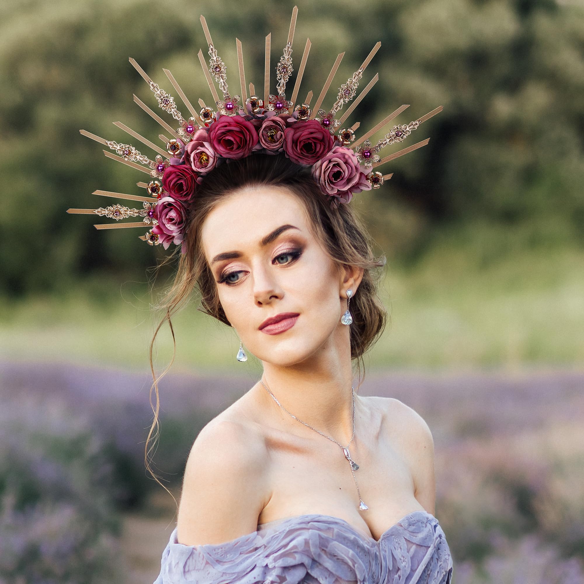 PartyforU Headband Sun Elf Fairy Costume Women's Fantasy Purple and Pink  Rose Headpiece Crystal Gold Spiked Greek Goddess Fancy Dress Costumes  Carnival for Women Fairy Elf Costume Wedding : Amazon.sg: Fashion