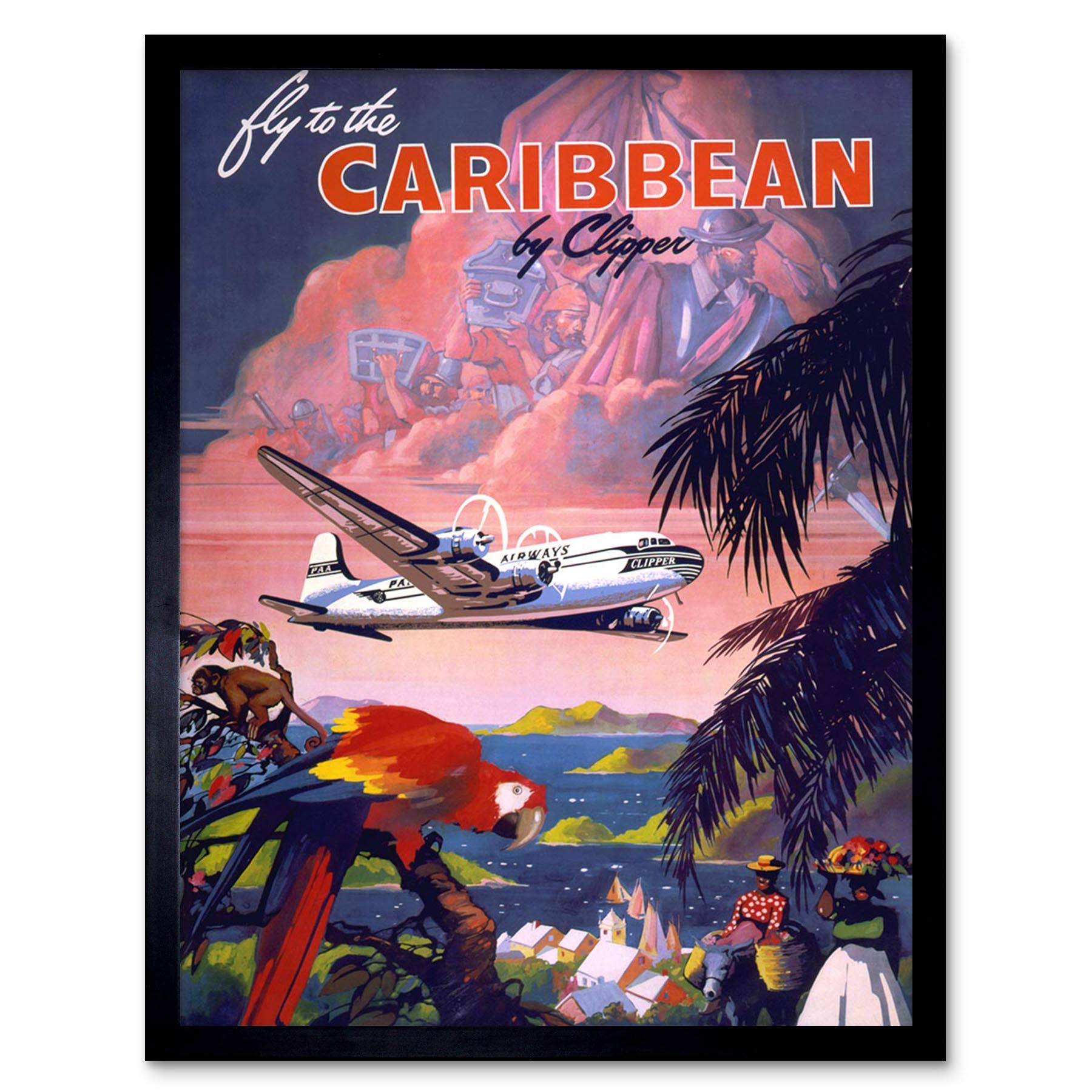 Wee Blue Coo Travel Tourism Caribbean Plane Tropical Island Art Print Framed Poster Wall Decor 12X16 Inch