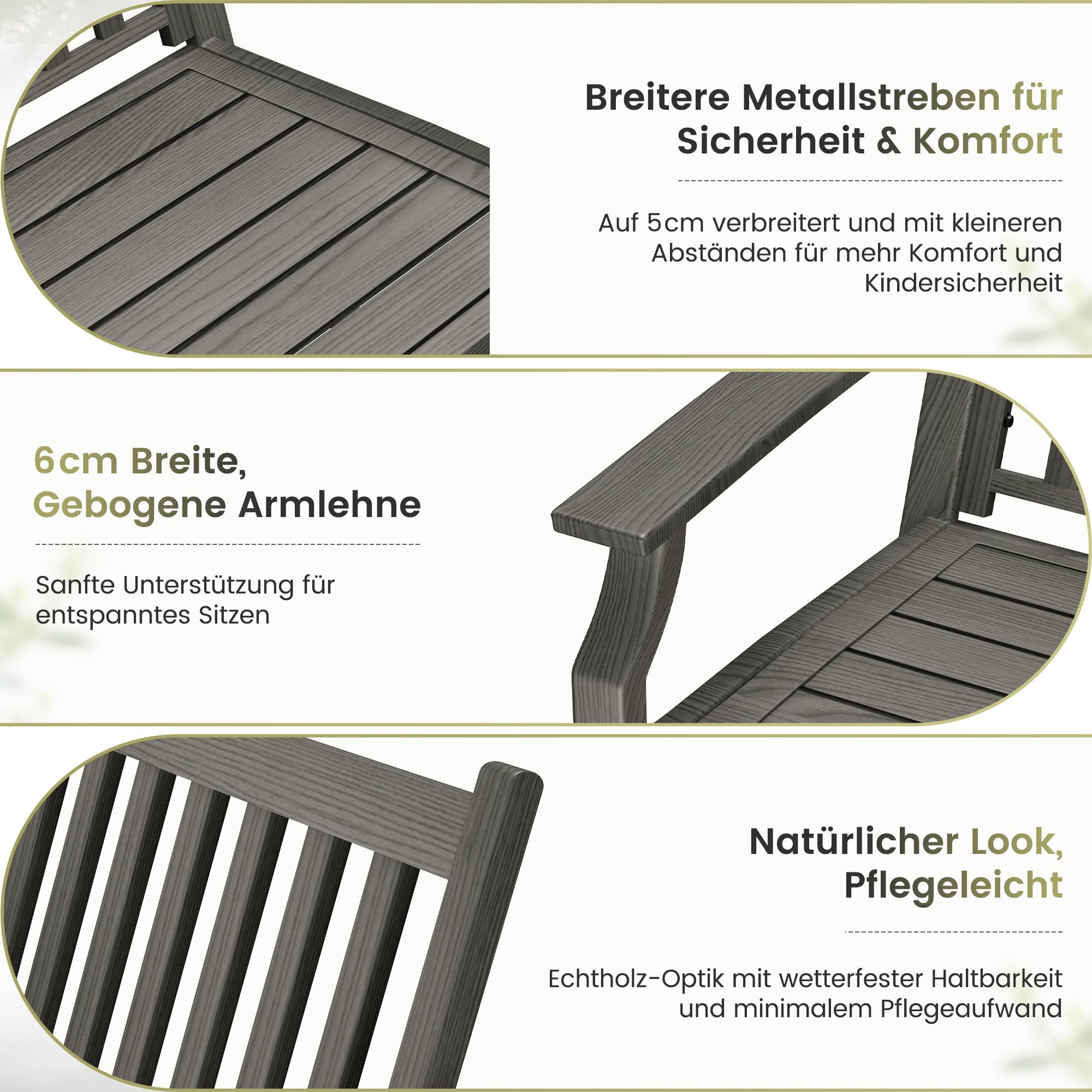 UDPATIO Gartenbank Metall in Holzoptik,Wetterfeste Sitzbank Outdoor,Bank 2–3 Sitzer für Balkon & Garten,Balkonmöbel mit Rücken & Armlehnen(Grau)