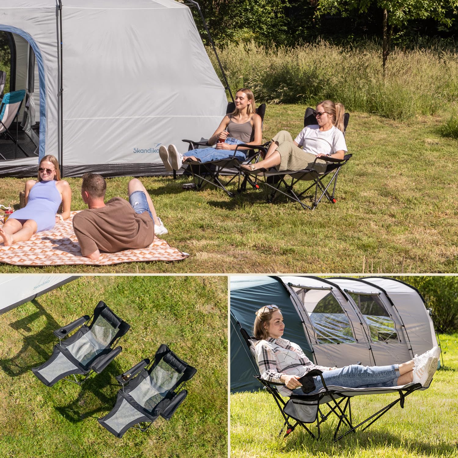 skandika Silla de Camping Toras con reposapiés, Plegable, función reclinable, tamaño Compacto,con Soporte para Bebidas (Negra/con Acolchado)