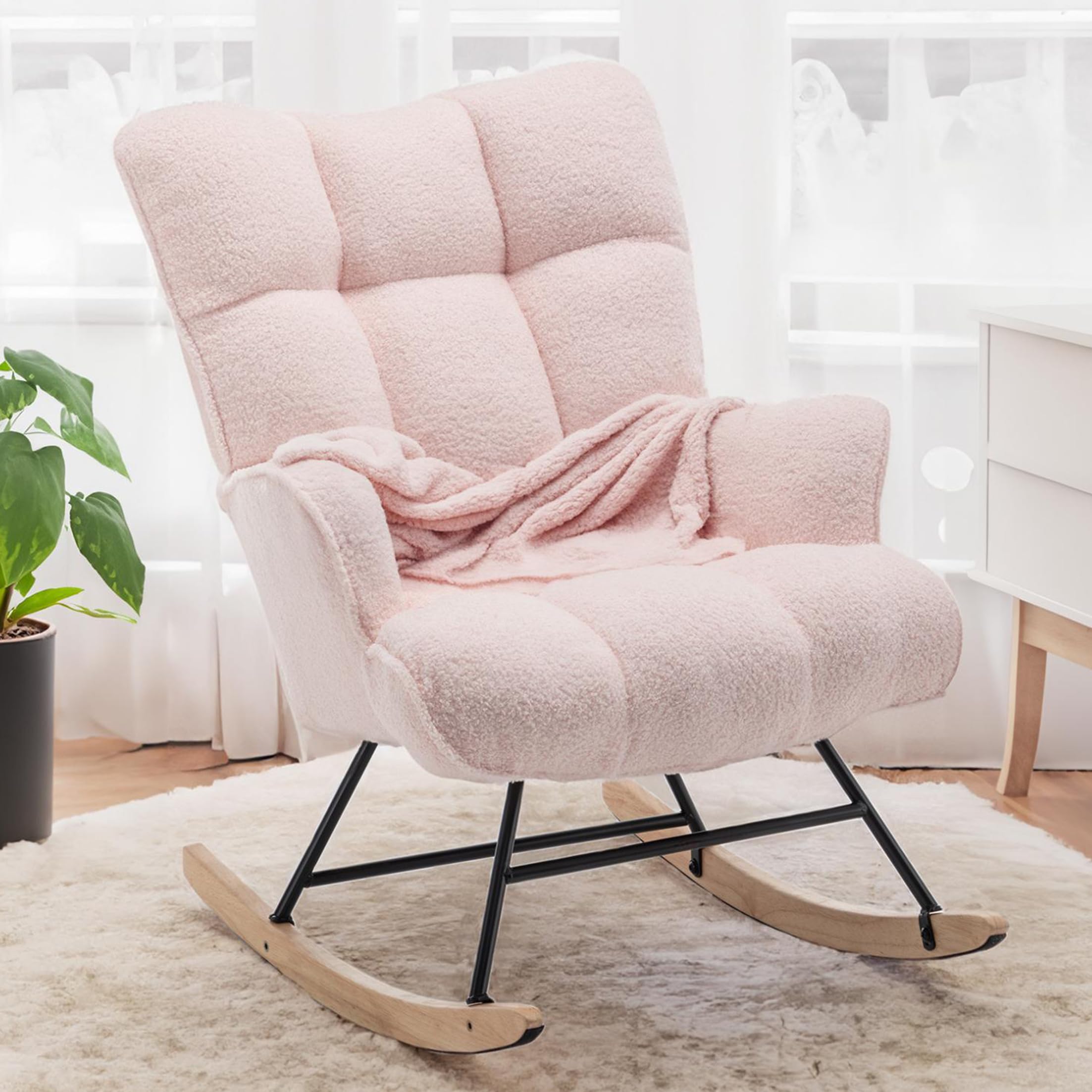 Rocking Chair Nursery Teddy, Upholstered Baby Fluffy Glider Rocker for Adults Indoor, Comfy Sherpa Compact Nursing Chairs for Small Spaces, Living Room, Classroom, Bedroom, Pink