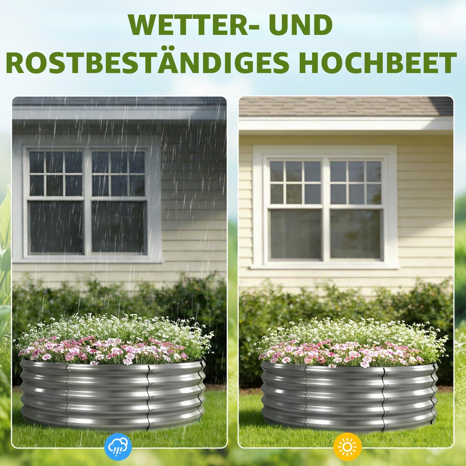 Hochbeet Metall, 90x90x43cm Verzinkt Hochbeete für Garten mit Gartenhandschuhen, Hochbeet zum Anbau von Pflanzen Gemüse Blumen und Kräutern (Rund + Silber)