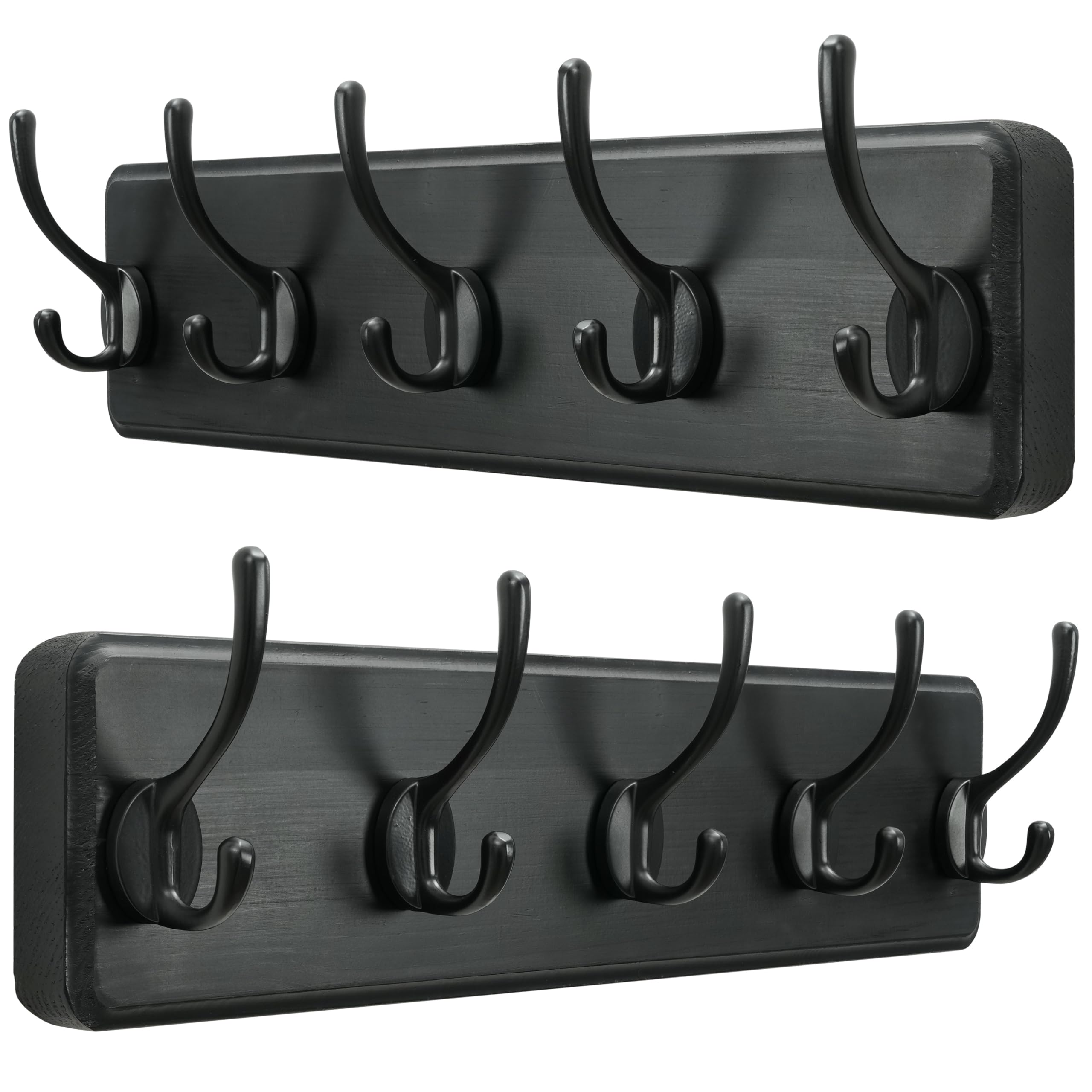 SKOLOO Farmhouse Style Wall Mounted Coat Rack, Pack of 2, Pine Solid Wood Coat Hook Hanger - 5 Hooks for Hanging Clothes Robes Towels Coats