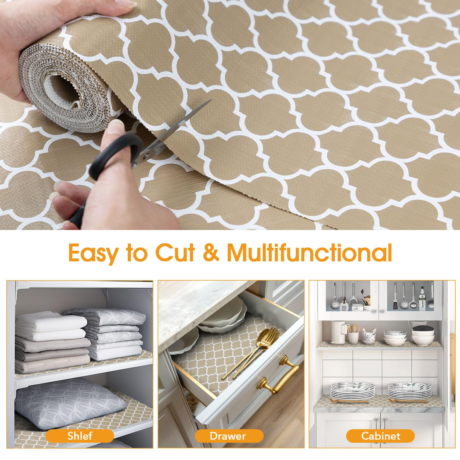 Revestimiento para estantes y cajones para armarios de cocina, no adhesivo, agarre fuerte, antideslizante, papel grueso, impermeable, tapetes protectores para aparador, armario, beige, 23