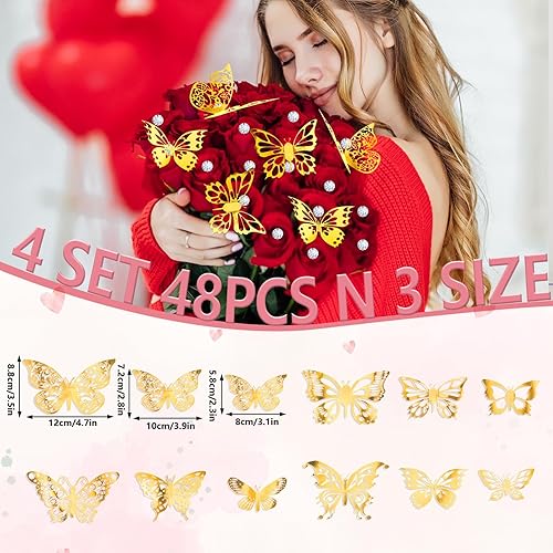 Miniatura 10 de Whaline Juego de ramilletes de boda, 100 unidades, ramilletes de boda, 48 piezas de decoración de pared de mariposa de oro rosa 3D, 15 hojas de