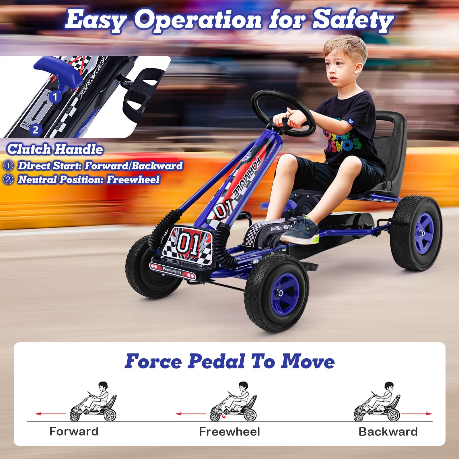 RELAX4LIFE Go Kart para Niños con Asiento Ajustable en 2 Niveles, 2 Pedales Antideslizantes y Freno de Mano, Coche de Pedales de PP con Ruedas de Goma, Adelante y Atrás, 101x61x62cm (Azul)