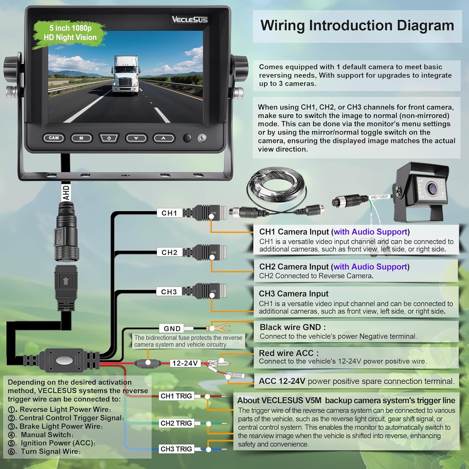 Backup camere System for Truck,VECLESUS V5M 5” 1080P Backup Camera System, 3-Channel Video Input with Reversing Delay & Night Vision, Waterproof Rear View Kit for Trucks/Buses/Vans