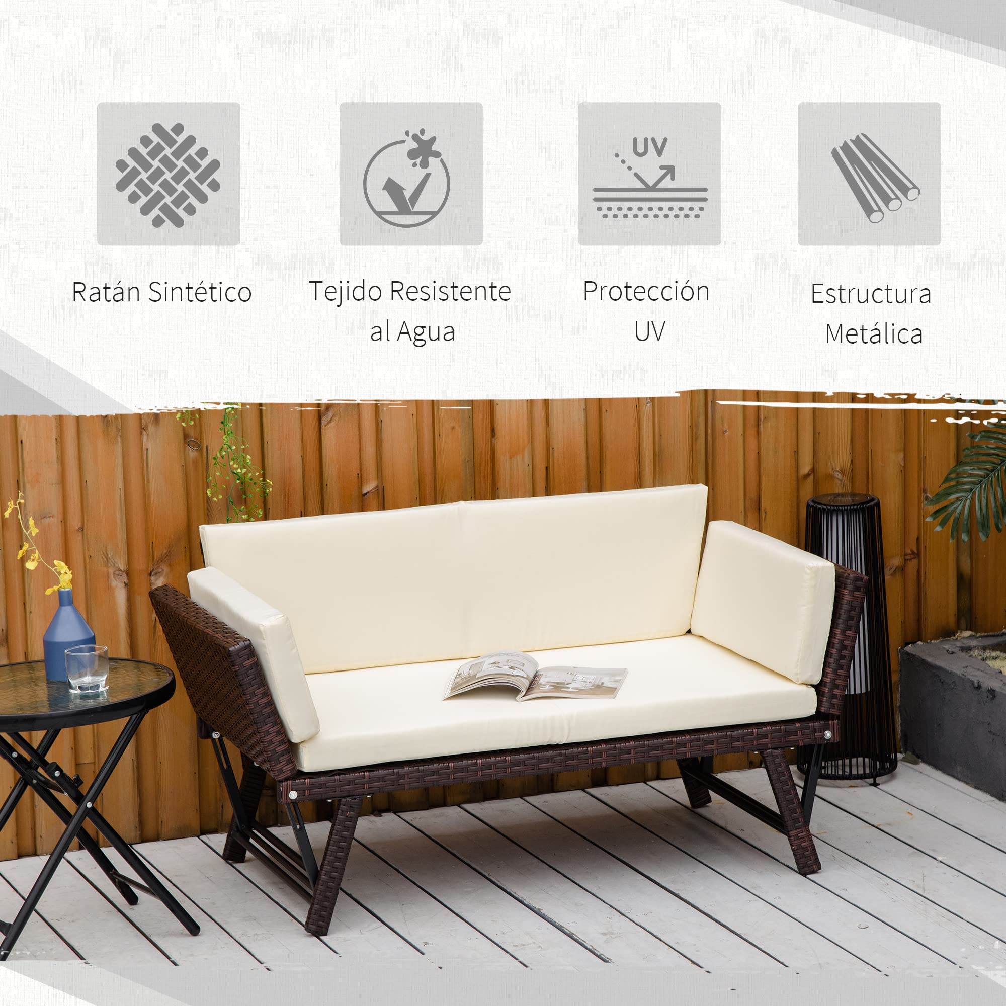 Outsunny Sofá de Ratán de 2 Plazas Convertible en Cama Individual con Reposabrazos Abatibles y Cojines Acolchados Sofá Doble para Exterior Jardín Patio Terraza 129x63x67 cm Beige