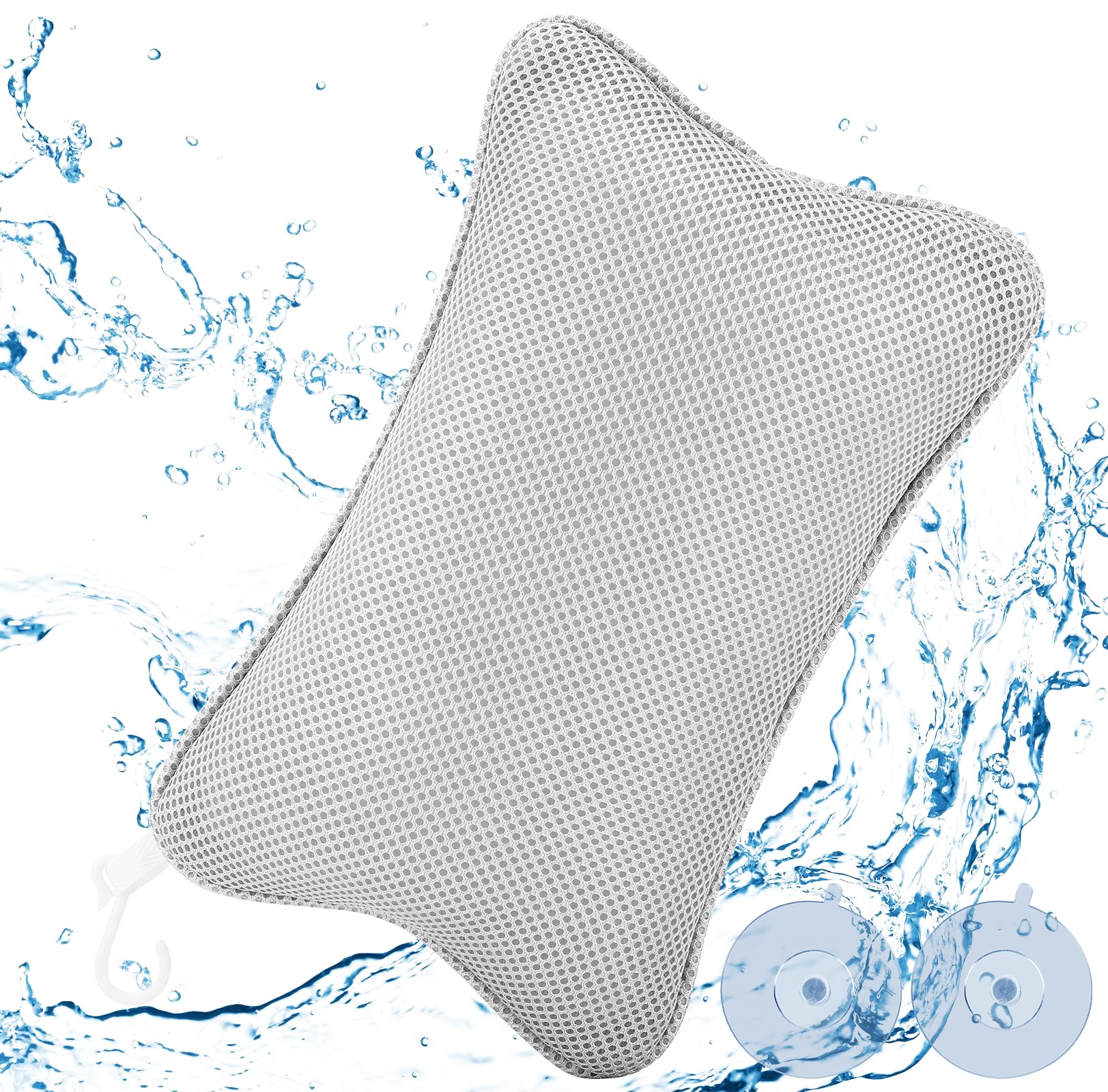 Collazoey Almohada Bañera,Malla 4D Almohada de Baño,con 2 ventosas fuertes, para una sujeción firme,Almohada ergonómica para bañera de hidromasaje,Almohada para una relajación óptima del Cuello (Gris)