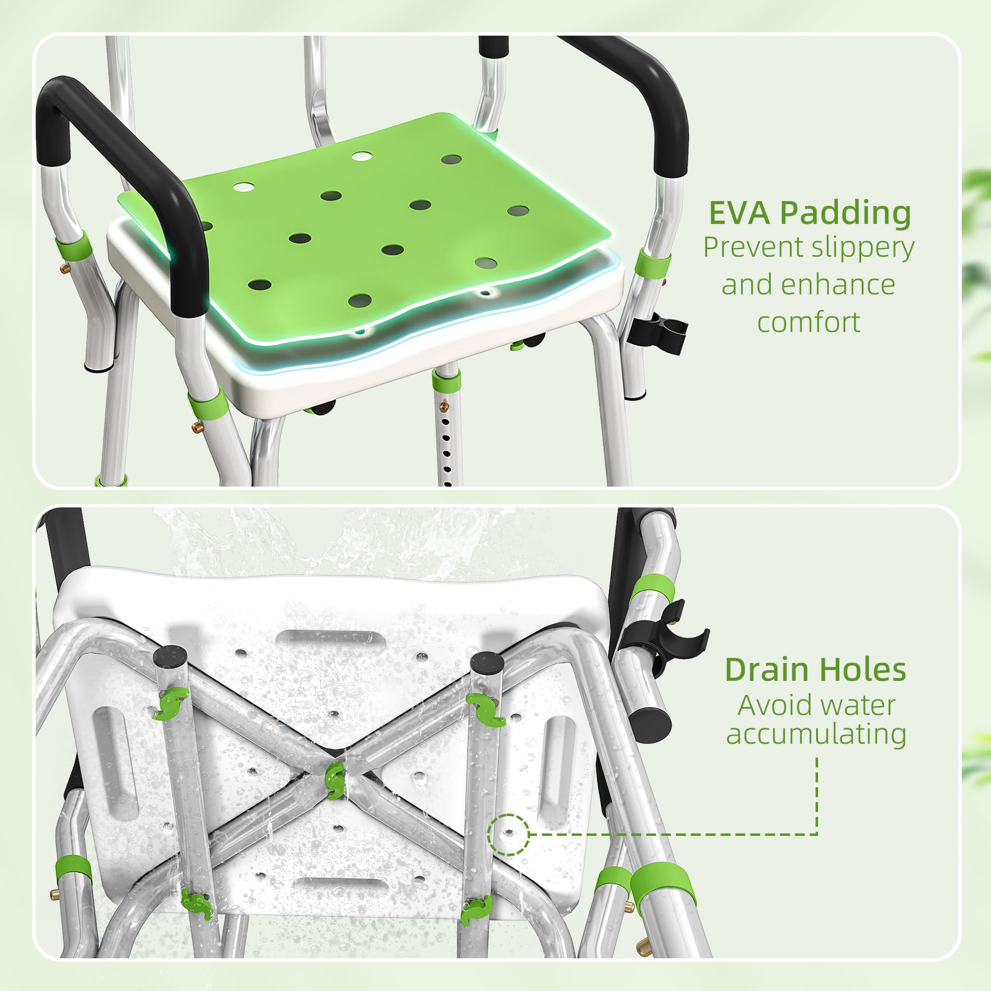 HOMCOM Silla ducha acolchada EVA para ancianos y discapacitados verde | Taburete de ducha ajustable en altura con respaldo y brazos, 4 patas de ventosa
