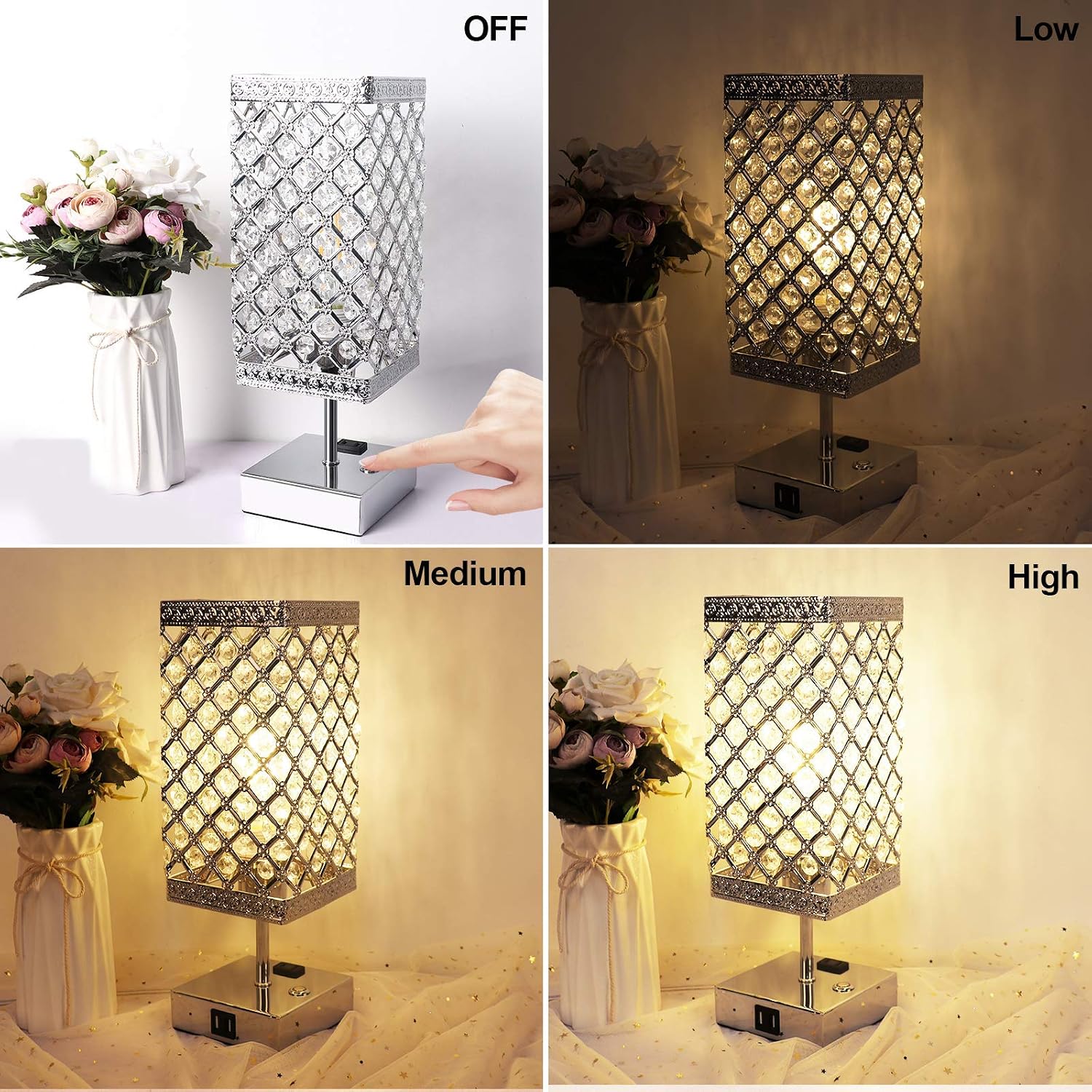 WIHTU Touch Control Bedside Lamps, Crystal Table Lamp with USB Ports and AC Outlet, Bedroom Lamps, 3-Way Dimmable Nightstand Lamp, Small Silver Desk Lamp for Living Room, Bulb Included