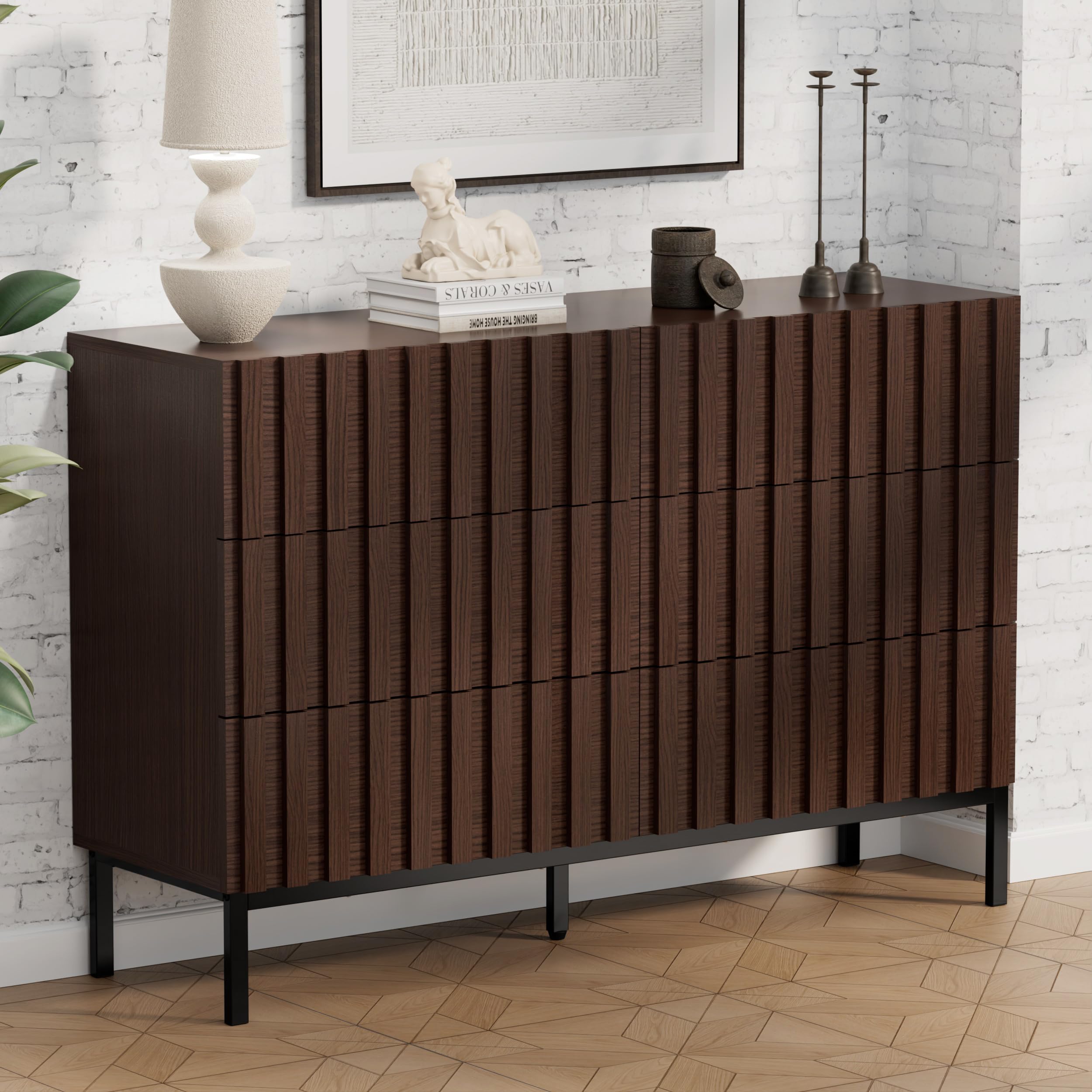 UEV 6 Drawer Chest of Drawers – Modern Vertical Storage Unit with Wood Slat Design, Metal Legs and Handleless Front for Bedroom or Hallway, Walnut Wood
