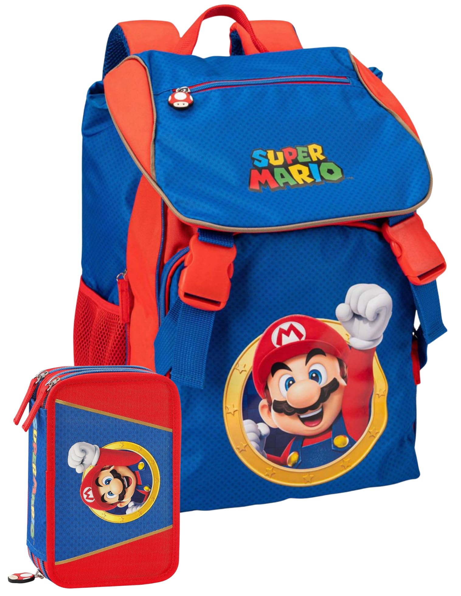 Clondo Set Scuola 2 Pezzi Per Super Mario Fan Zaino Scuola Elementare Bambino + Astuccio 3 Scomparti Completo (45 Accessori)