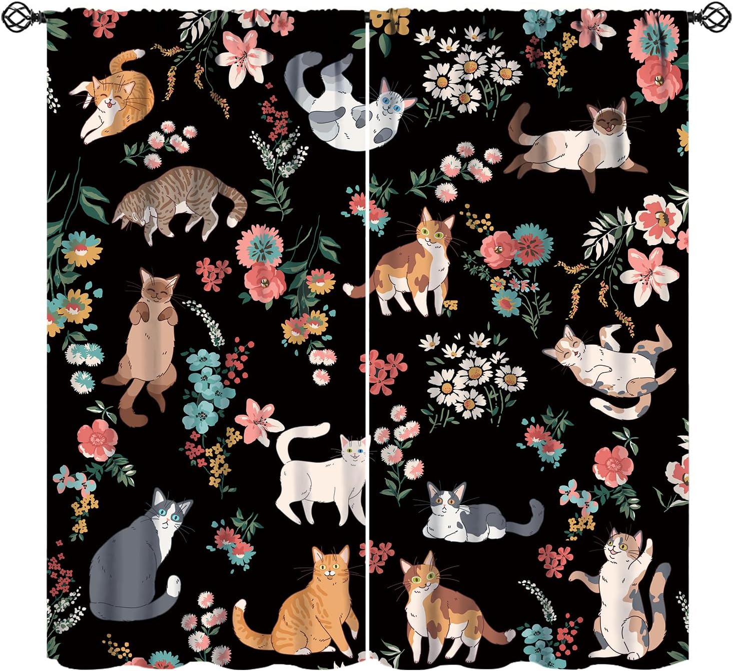 Cartoon Cat Floral Curtains for Girls Boys Bedroom Decor Cute Animals Flower Rod Pocket Blackout Art Print Window Drapes for Bedroom Living Room Kitchen W42xL84in 2 Panels