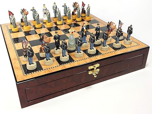 Juego de ajedrez US American Civil War Queens con tablero de madera de nogal brillante de 17 pulgadas y color arce