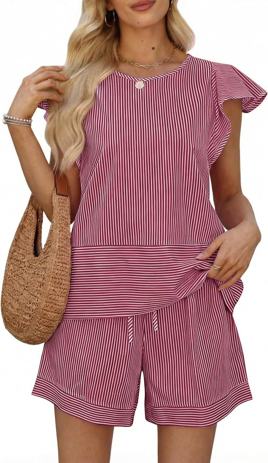 ZMJ 2 piece cotton cute sets women summer Ruffle Sleeve Top Shorts Lounge Outfit for Beach Vacation