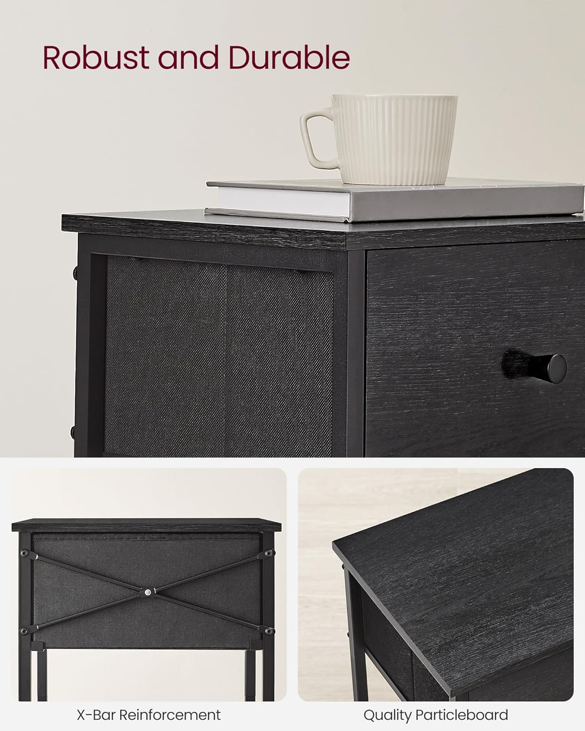 VASAGLE Nightstands, Set of 2, Side Table with Fabric Drawer, 24-Inch Tall End Table with Storage Shelf, Bedroom, Black ULGS221B21