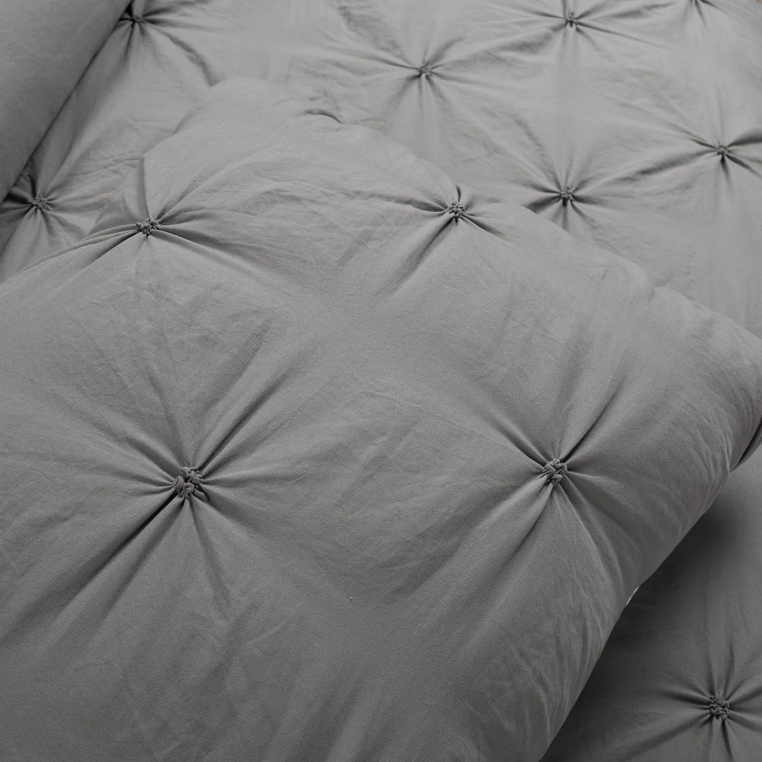 Lush Decor Ravello Pintuck Comforter Set Bed In A Bag - 7 Piece Reversible Comforter With Sheet Set - Textured Bedding Set - Traditional Glam & Farmhouse Inspired Bedroom Decor - King, Gray
