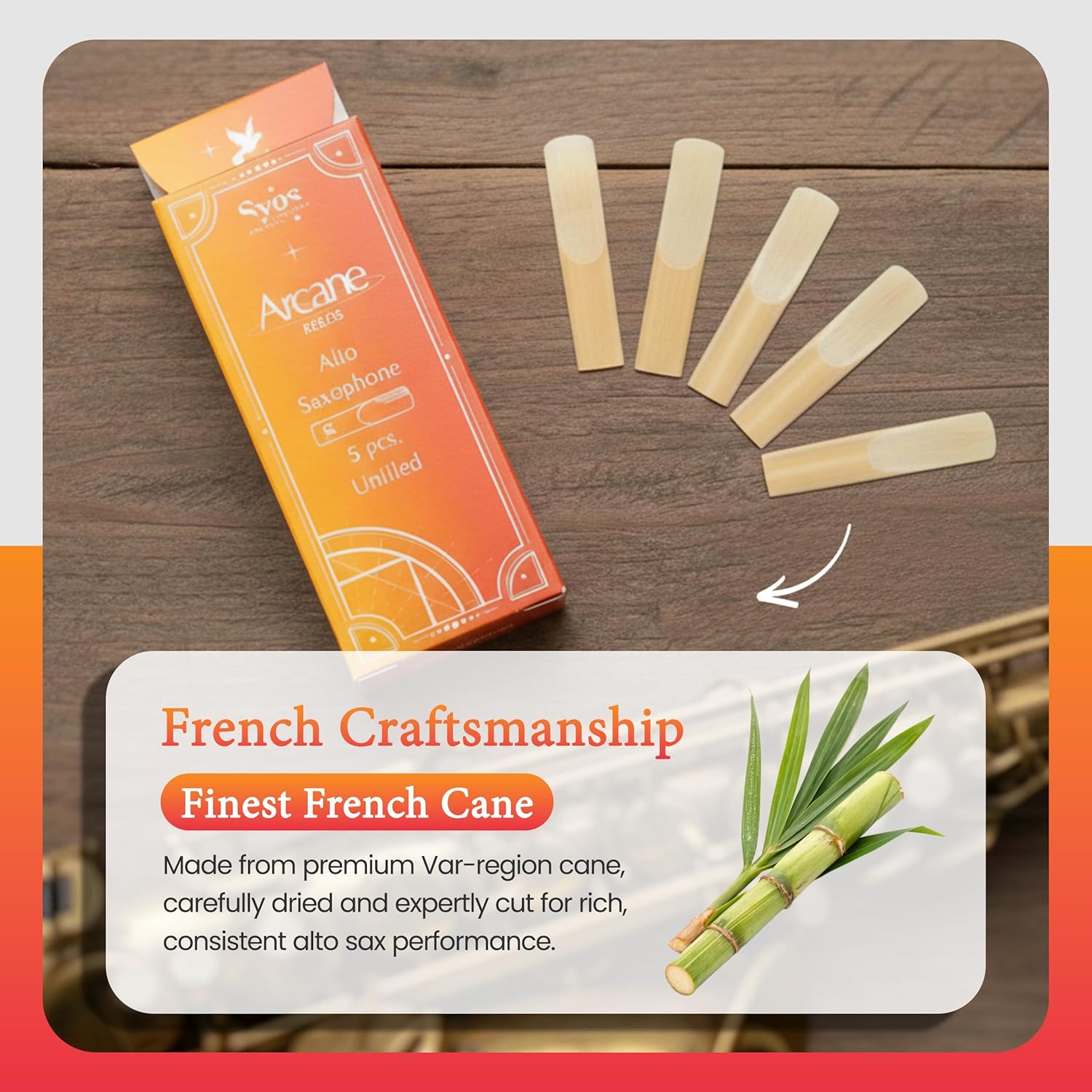 Syos Arcane Alto Saxophone Reeds 3.5, Unfiled Alto Sax Reeds, Premium French Cane Saxophone Reeds for Alto Sax Mouthpiece, Durable, Warm Rich Sound, Box of 5