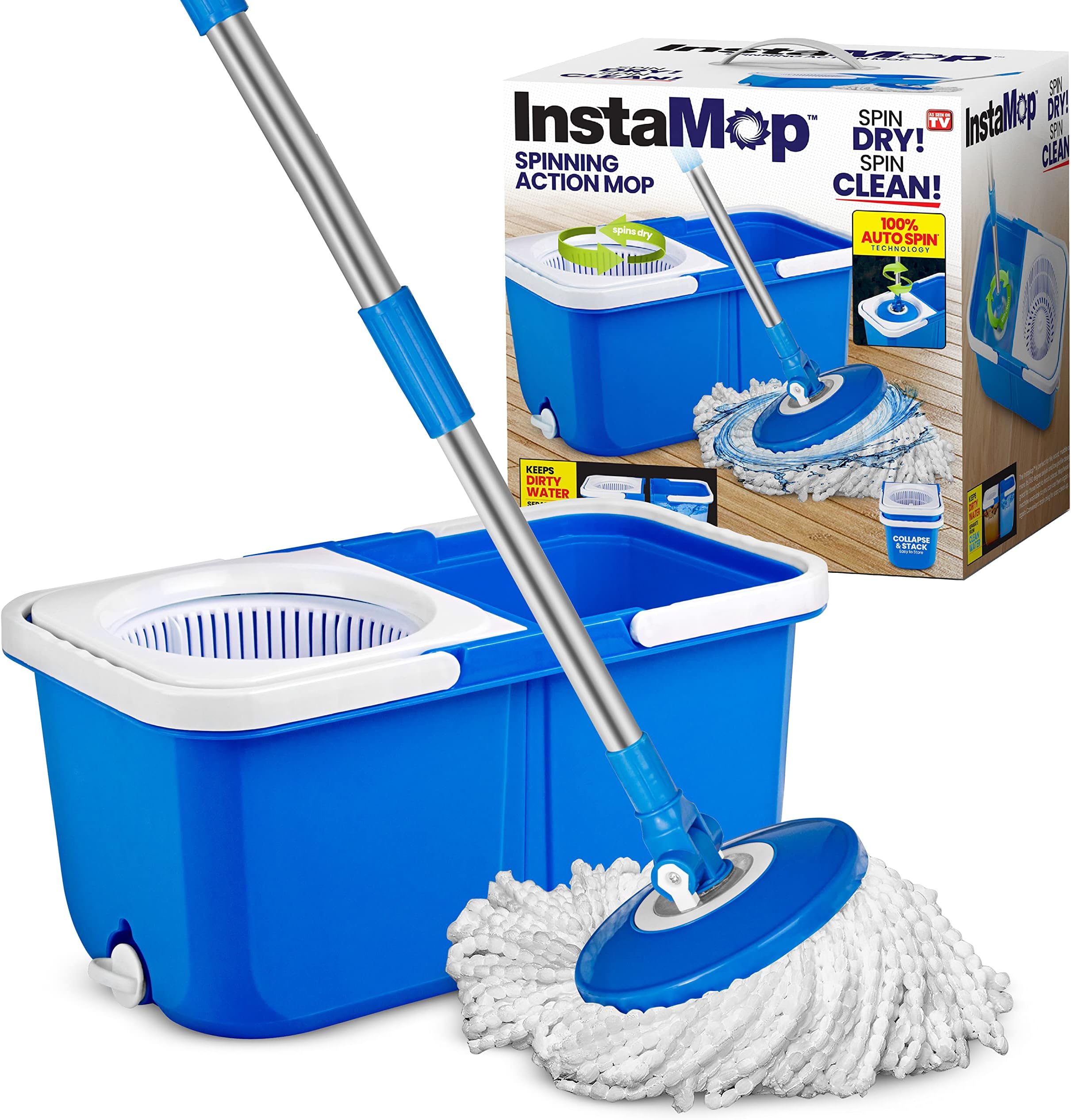 InstaMop Spin Mop, Mop and Bucket with Wringer Set, Microfiber Mop Head Washer Machine Safe, Push-Down Wringing System, Dual Bucket Design, Easy Draining, Easy to Store As Seen on TV