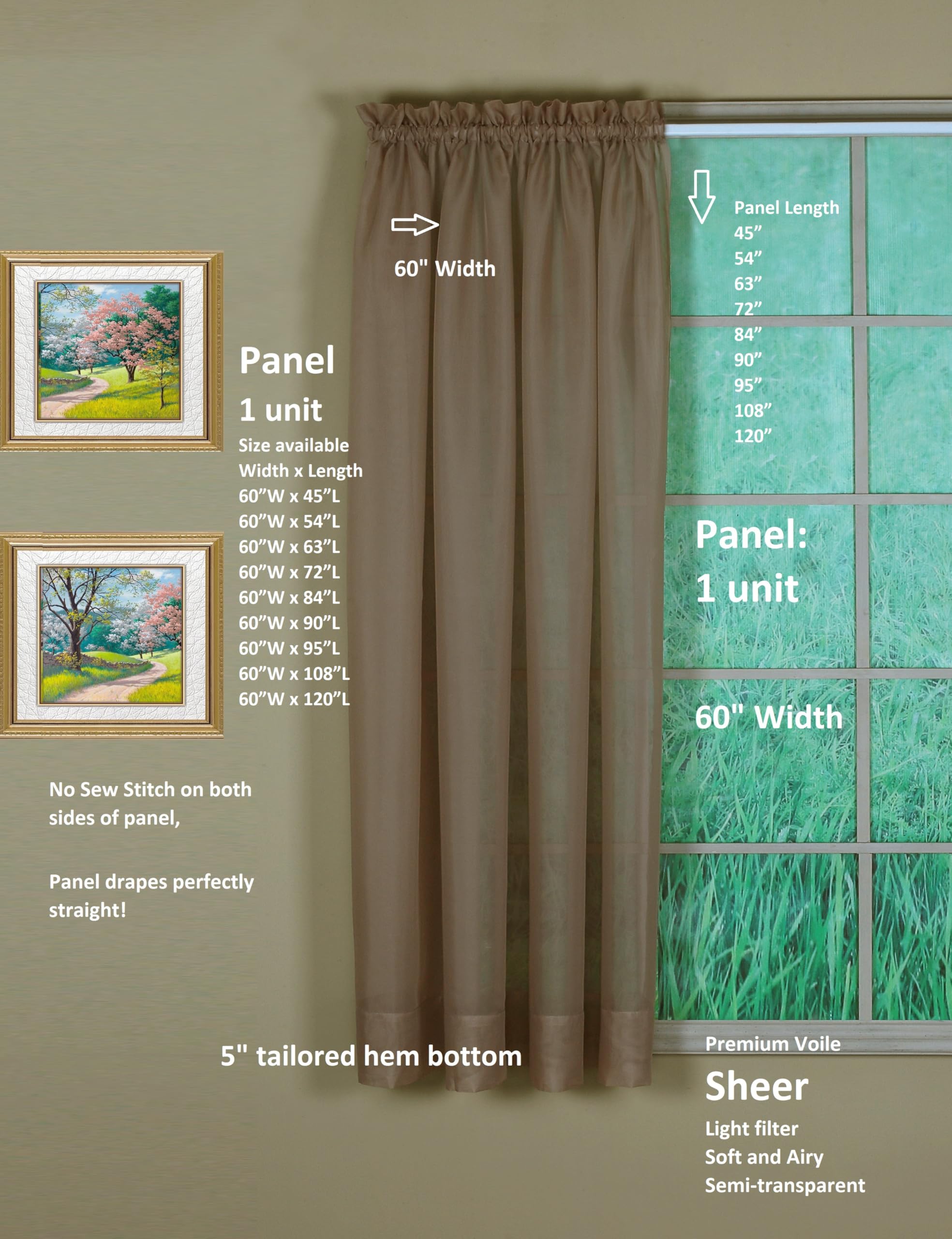 Today's Curtain Emelia Original Voile Panel 72", Taupe, 60" W x 72" L, W 60" x L 72" (1 Panels) - Image 2