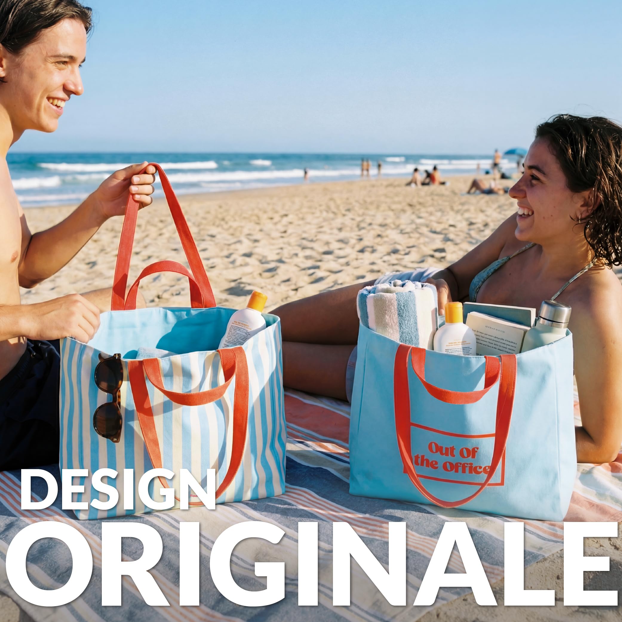 Fisura – Borsa mare “Out of the office”, tote bag donna XXL in cotone reversibile a righe blu, shopper grande per spiaggia, viaggio o spesa, 36 x 31,5 cm