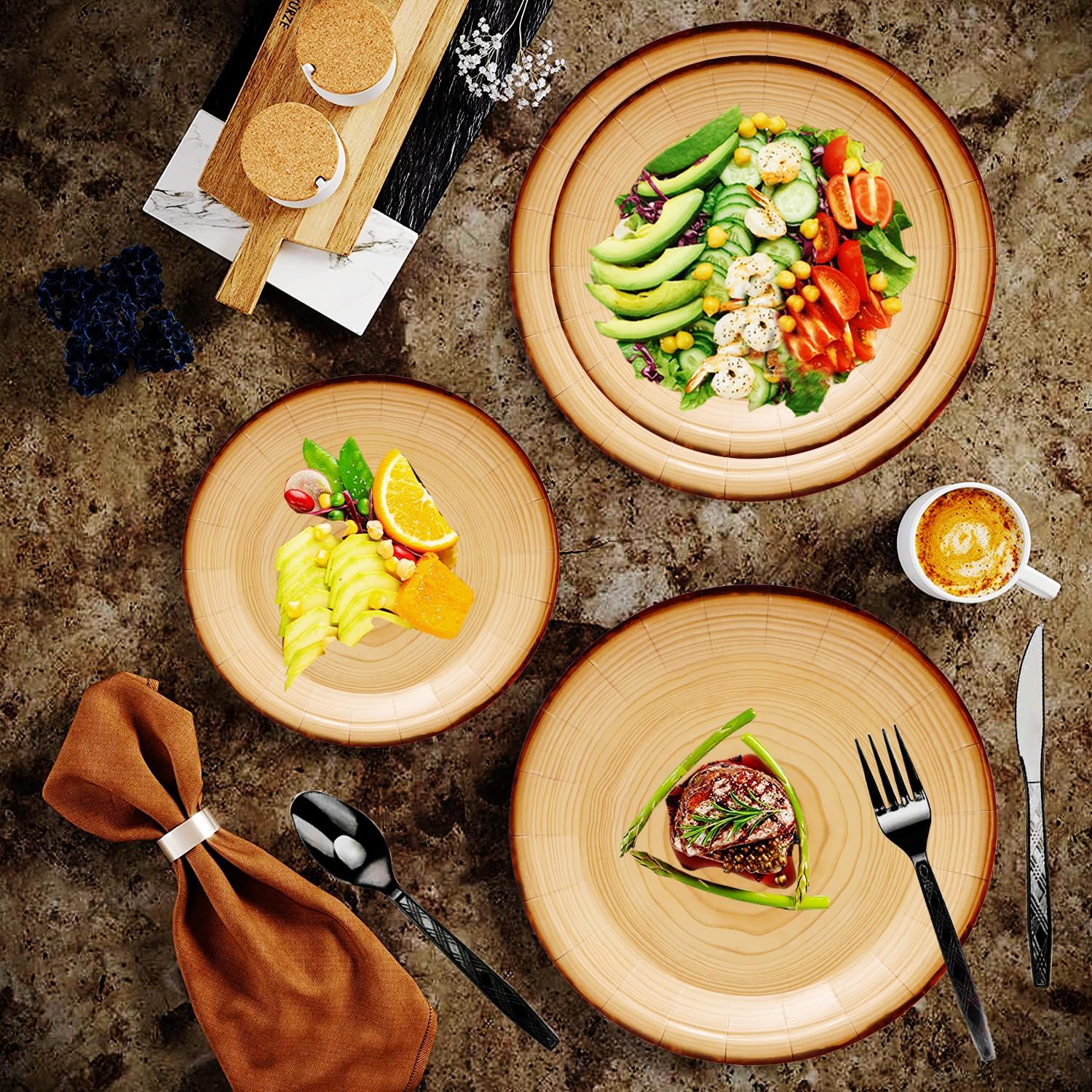 150Pcs Rustic Wood Slice Party Tableware Set - 9" & 7" Wood Grain Paper Plates, Napkins, Knives, Forks, Spoons for Camp Fire, Camping, Woodland Animal, Lumberjack Birthday Party Decor