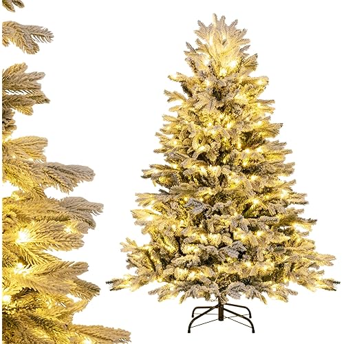Goplus 4.5ft Pre-Lit Snow Flocked Christmas Tree, Artificial Hinged Xmas Tree with 200 Warm-White LED Lights, 688 PE & PVC Branch Tips, Foldable Metal Base, for Office Home Holiday Decor