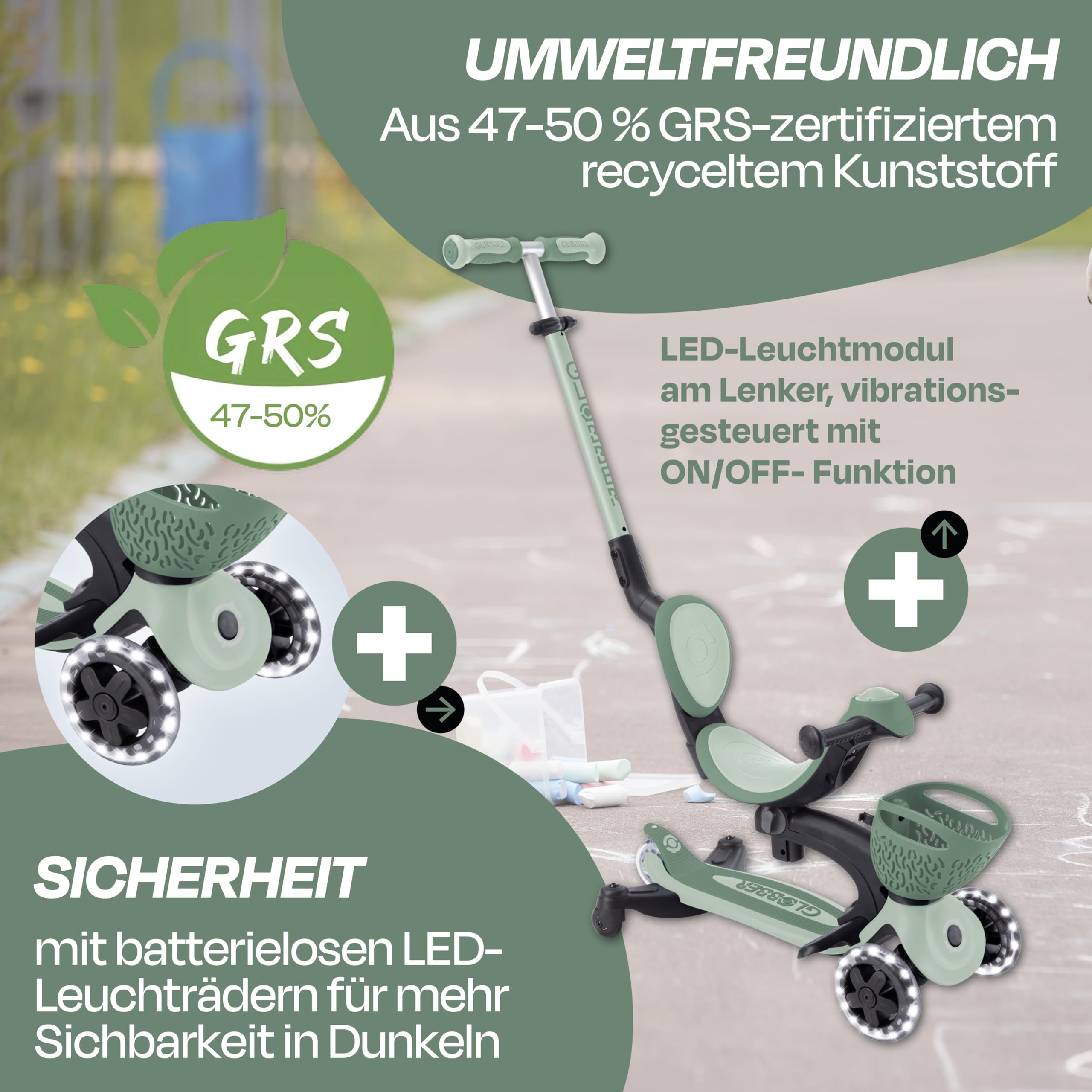 GLOBBER GO-UP Baby Lights 360° – Tretroller, Dreirad und Laufrad für Kinder – höhenverstellbares Kinderfahrzeug – 3rädrig bis 9 Jahre – Bunte LED-Leuchtrollen