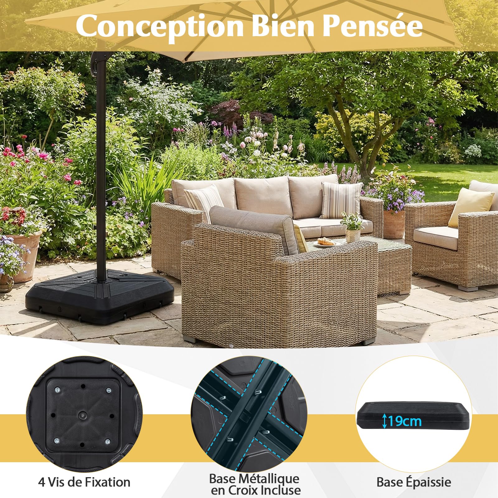 COSTWAY Pied de Parasol Déporté avec 2 roulettes, Support Parasol en HDPE, Rempli de 156 kg Sable&Eau/125 kg Sable/78 kg Eau, Barre Transversale, Base pour Jardin Piscine Terrasse, 81 x 81 x 19 cm