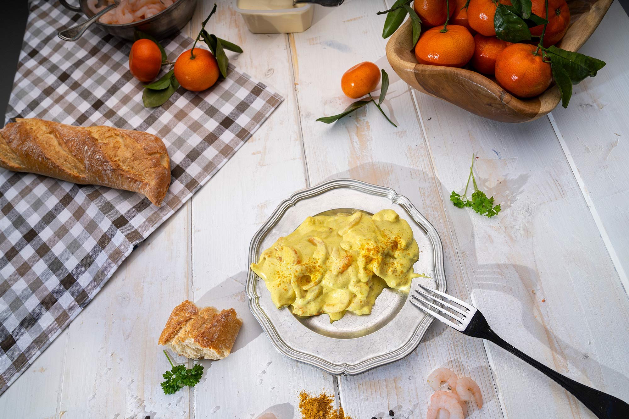 GreetFish Curry-Garnelensalat - in Handarbeit hergestellt -mit original indischem Curry und leckeren Mandarinen - 500 Gramm