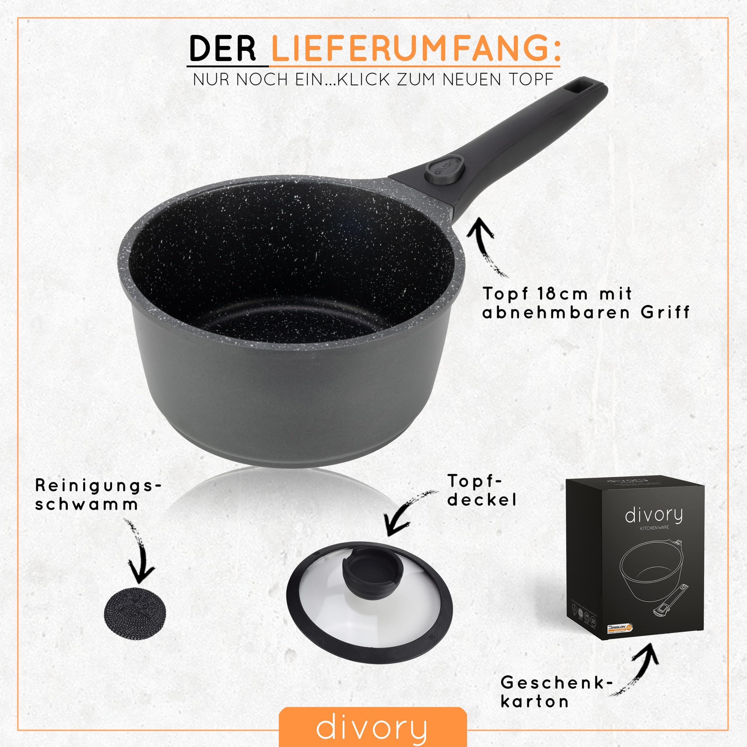 DIVORY Kasserolle 18cm abnehmbarer Griff - 2L Stielkasserolle mit Deckel - Stieltopf klein - Milchtopf beschichtet, abnehmbarer Stielgriff, Induktion, Spülmaschinen geeignet & Backofenfest, Schwarz